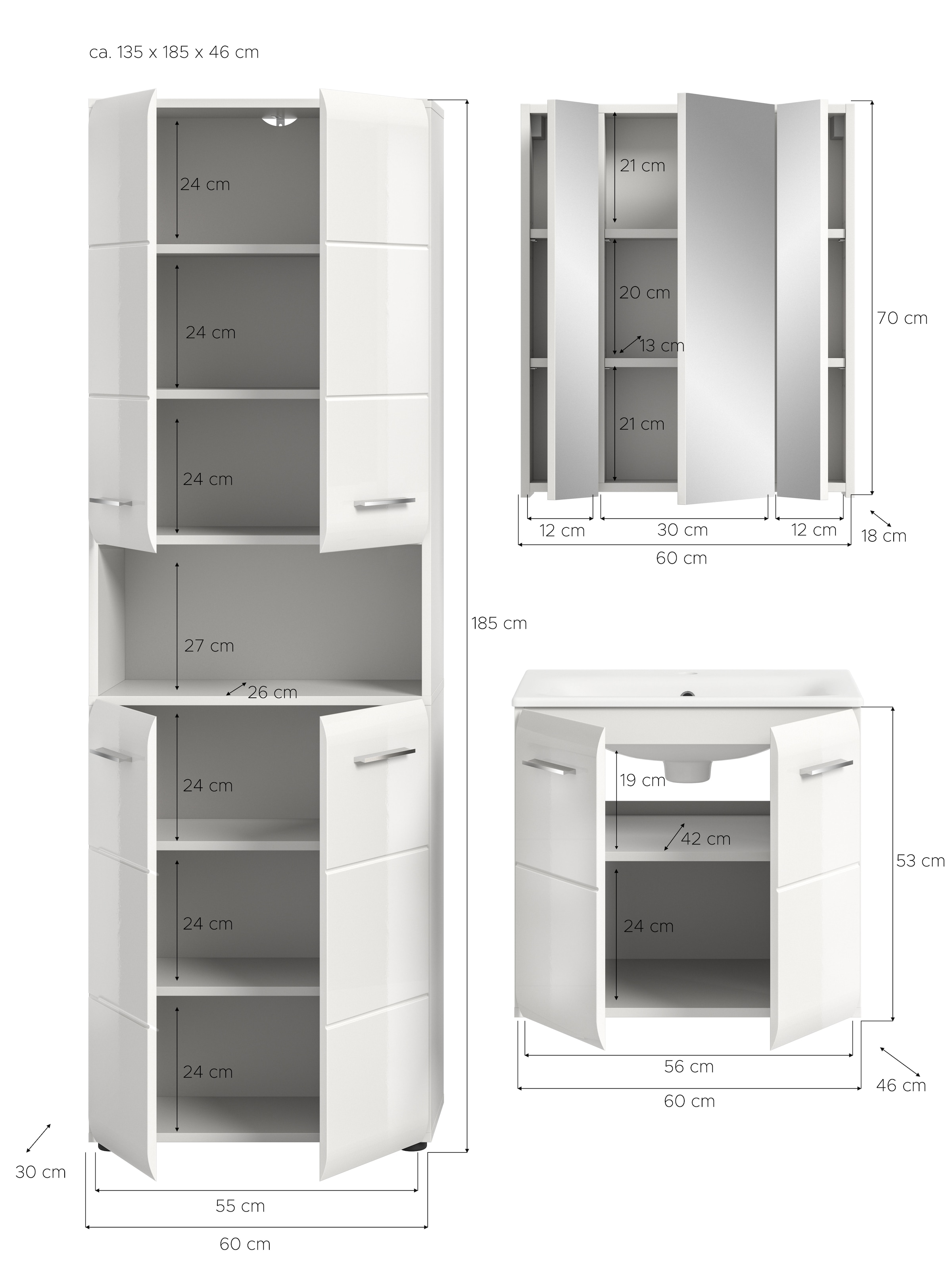 INOSIGN Badezimmer-Set, (Set, 4 St.), Florenz, Badkombination 4-tlg.,Weiß hochglanz, inkl. Waschbecken