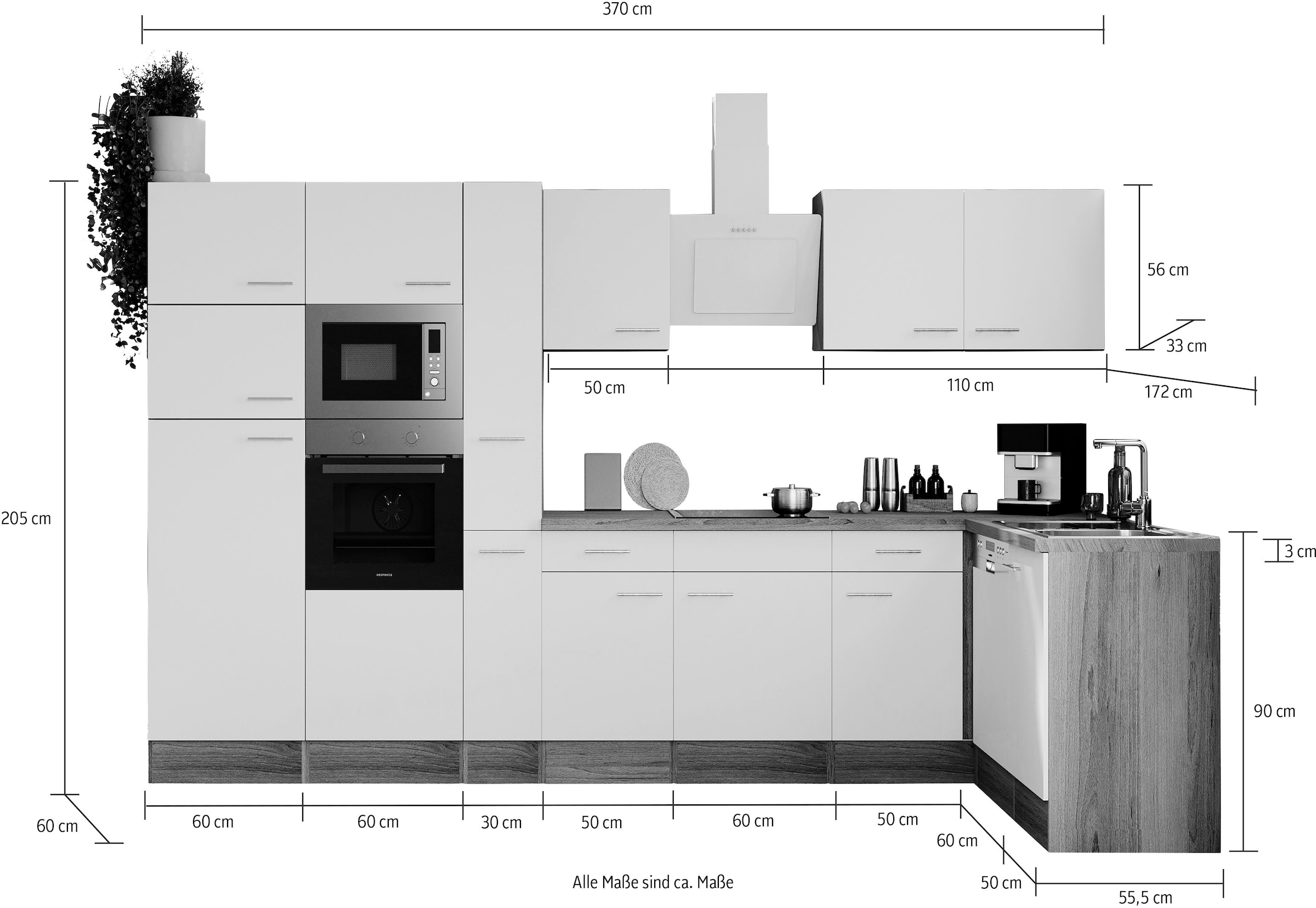 RESPEKTA Küchenzeile »Oliver«, Breite 370 cm, wechselseitig aufbaubar