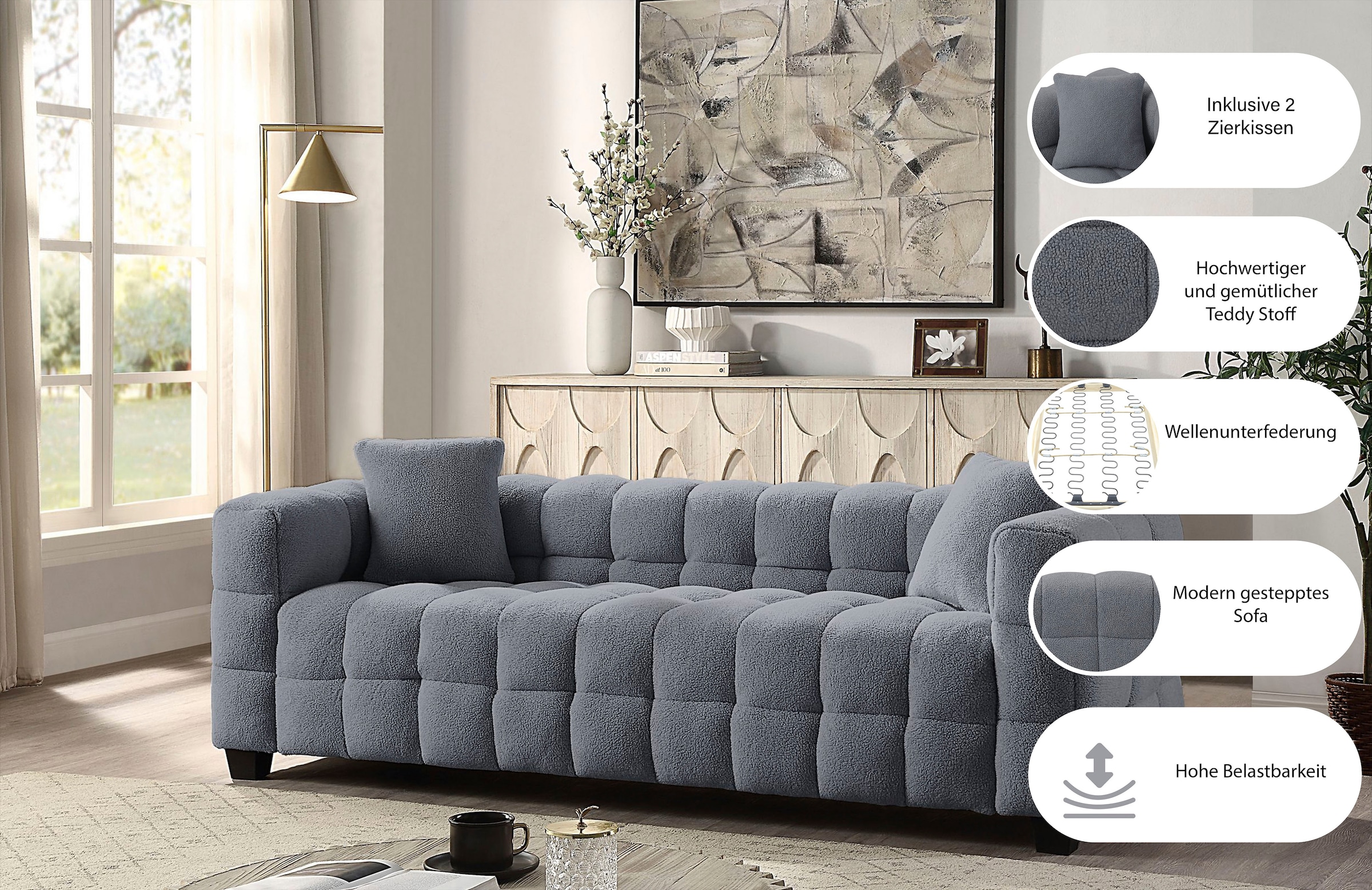 ATLANTIC home collection 3-Sitzer »Stella« inkl. 2 Zierkissen und mit modernem Teddy Stoff