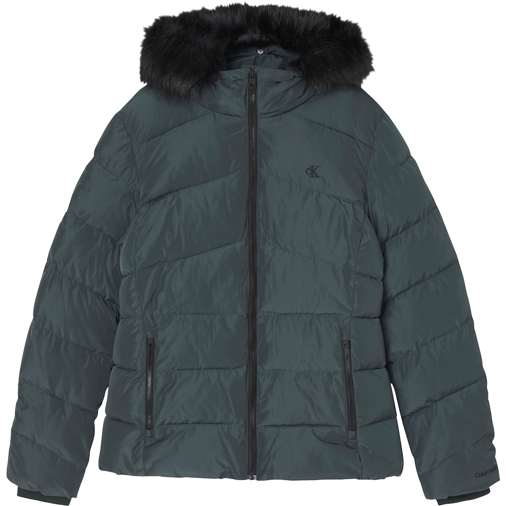 Calvin Klein Jeans Outdoorjacke »FAUX FUR MW FITTED SHORT PUFFER«, mit Kapuze, mit abknöpfbarem Fellimitat an der Kapuze