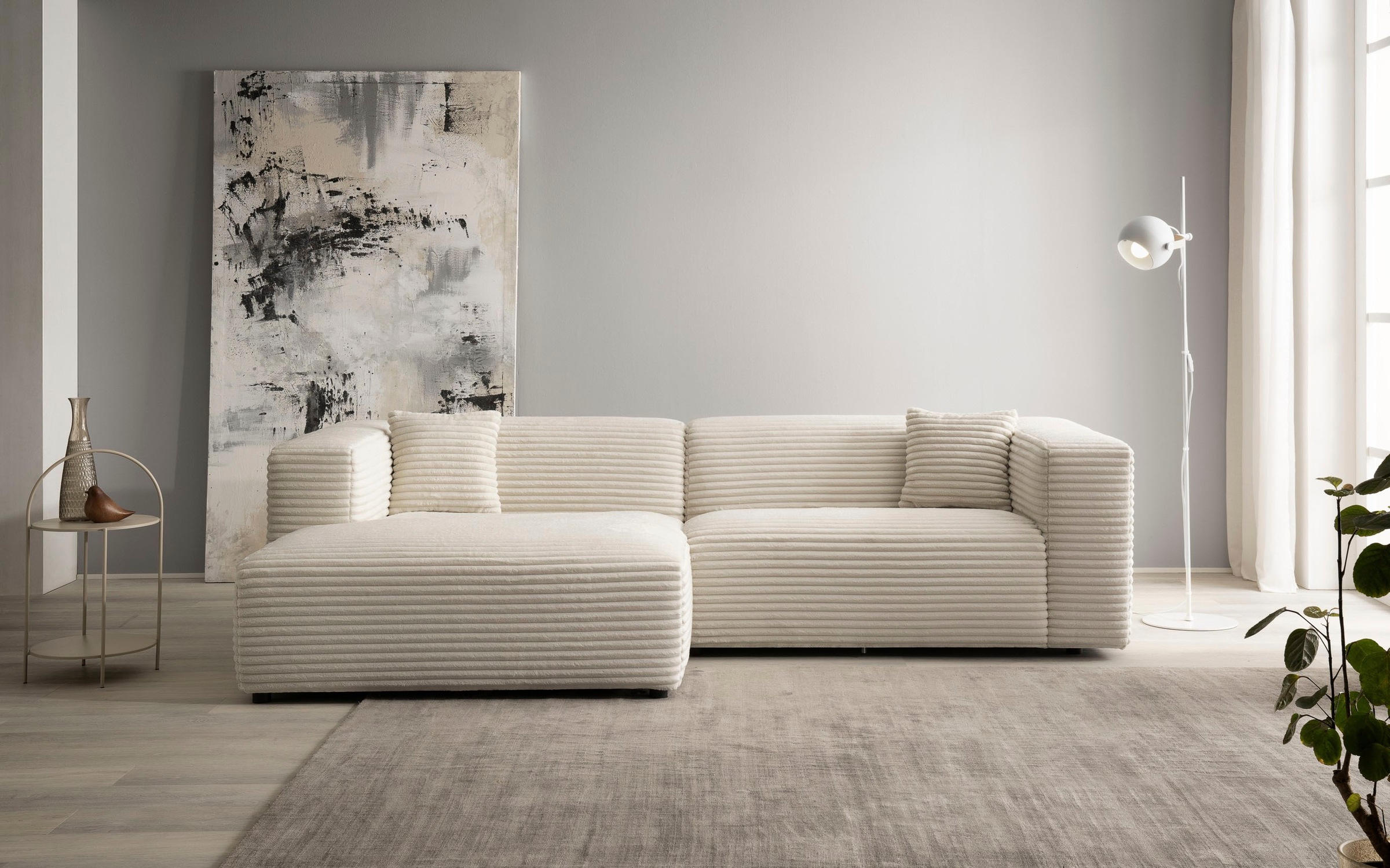 andas Ecksofa »BAKELS, L-Form in Cord oder Boucle-Stoff, moderne Couch«, wahlweise Recamiere rechts/links, bequemer Sitzkomfort