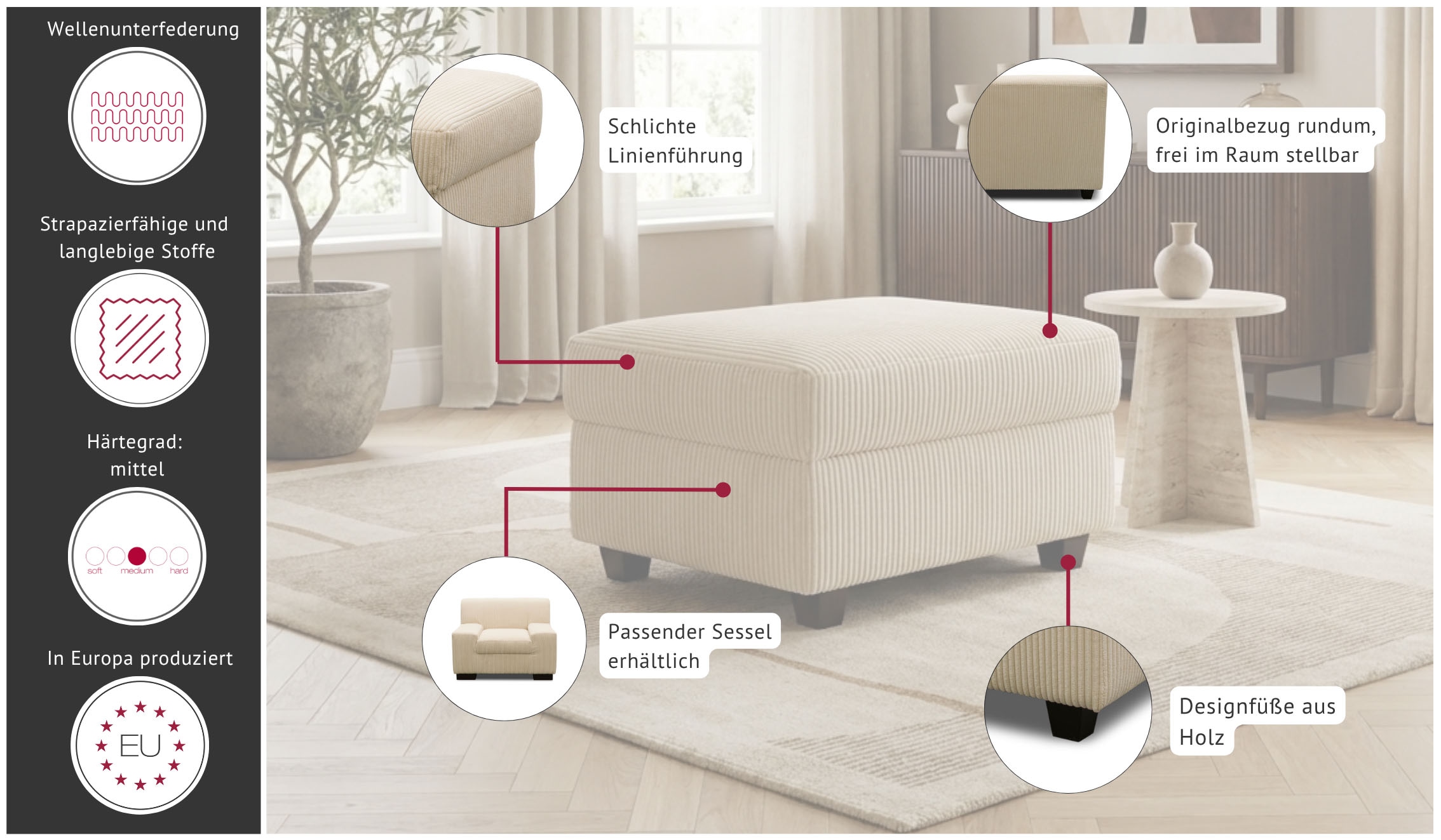 OTTO home Hocker »Faxe« Polsterhocker passend zum Sofa, Breite 67 cm, individuell kombinieren