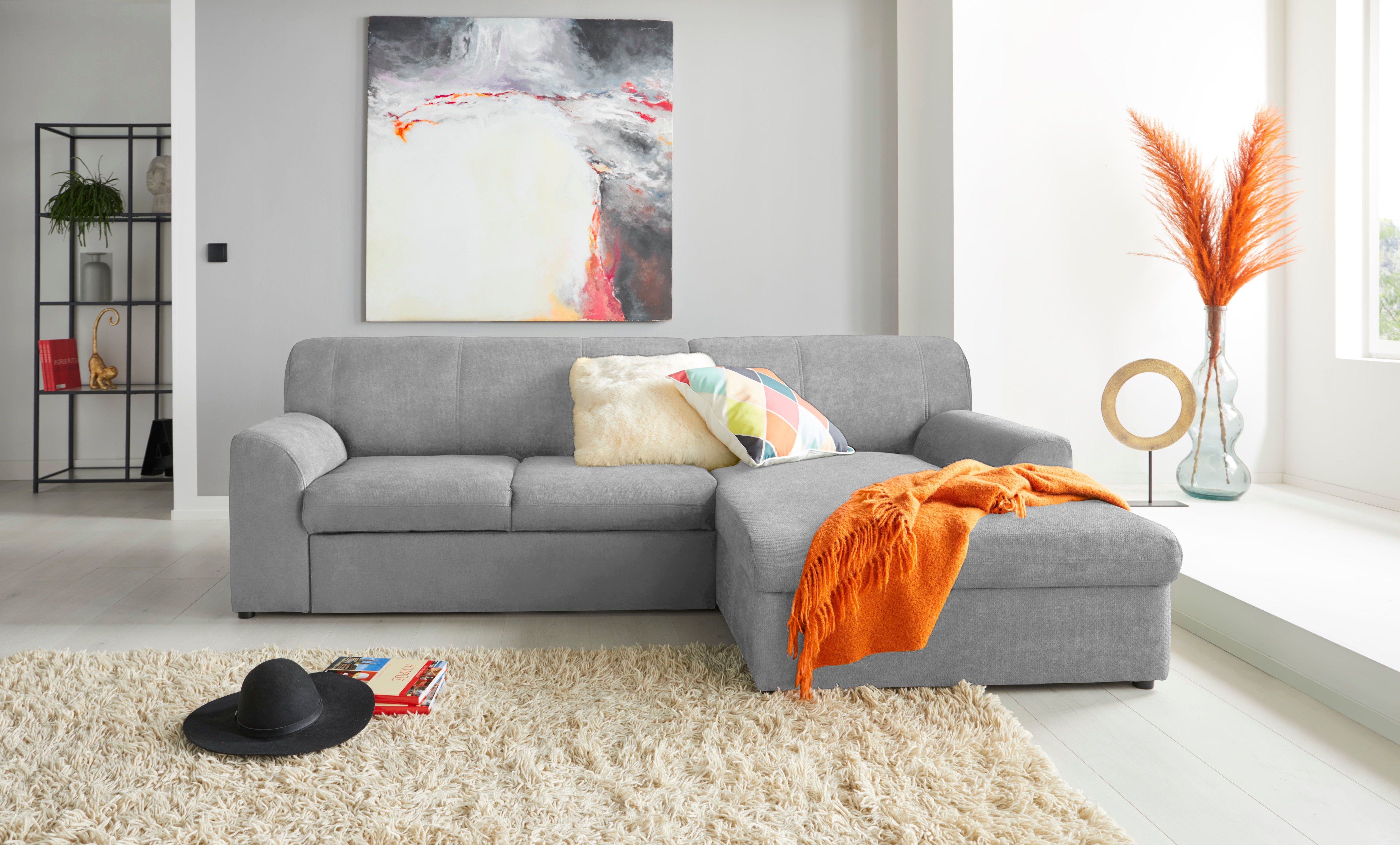 DOMO collection "Topper, elegant und zeitlos, kompaktes Stellmaß 245/155cm, L-Form" mit Recamiere, wahlweise mit Schlaffunktion