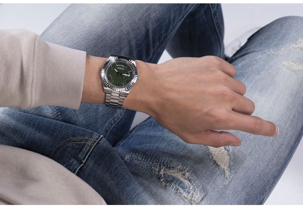 Guess Quarzuhr »CONNOISSEUR«, Armbanduhr, Herrenuhr, Datum, Wochentag, Edelstahlarmband