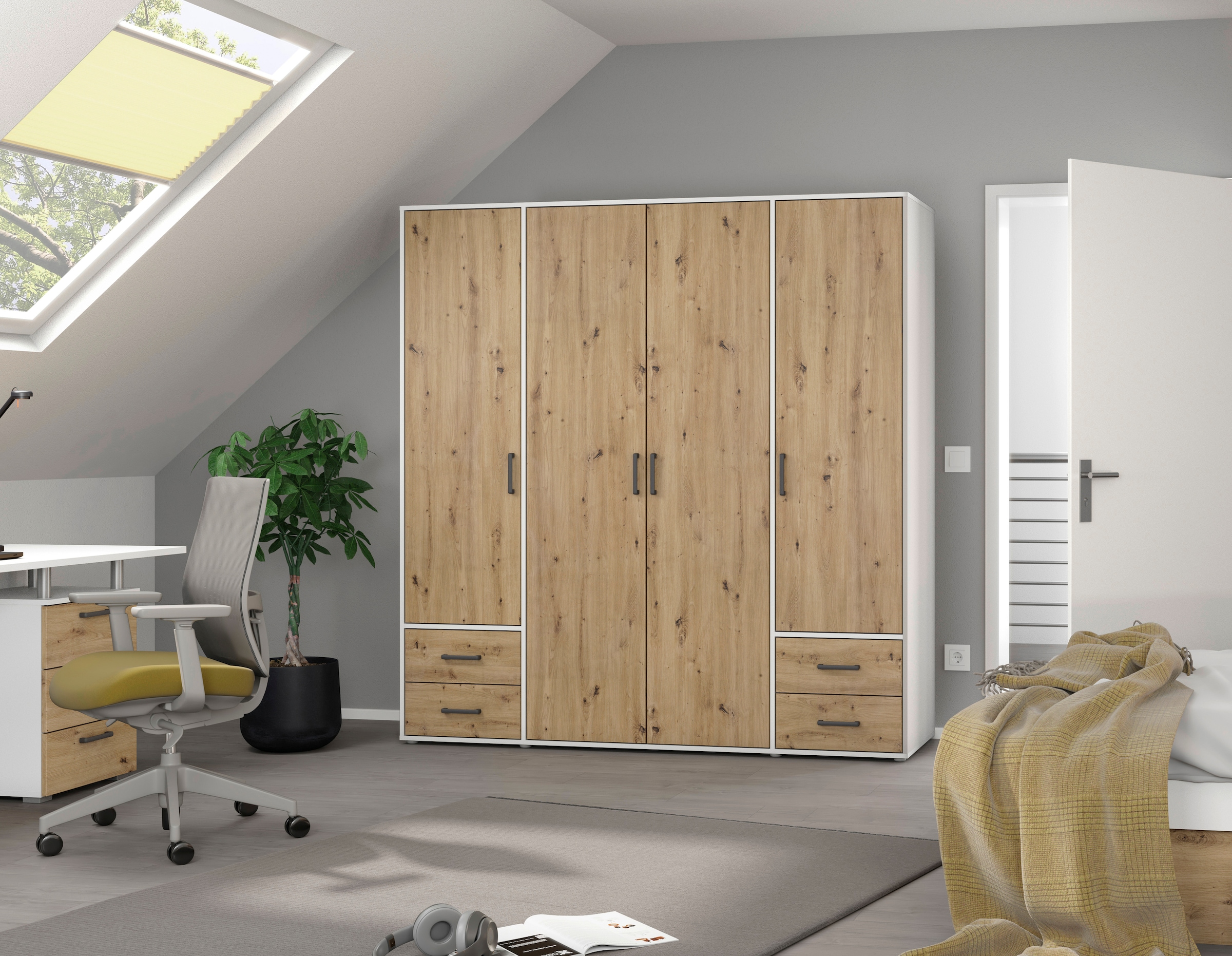 rauch Drehtürenschrank »Kleiderschrank Schrank Garderobe Wäscheschrank VOYAGER«, (in 3 verschiedenen Ausstattungen BASIC/CLASSIC/PREMIUM), moderne Griffe in Graumetallic mit Außenschubkästen MADE IN GERMANY