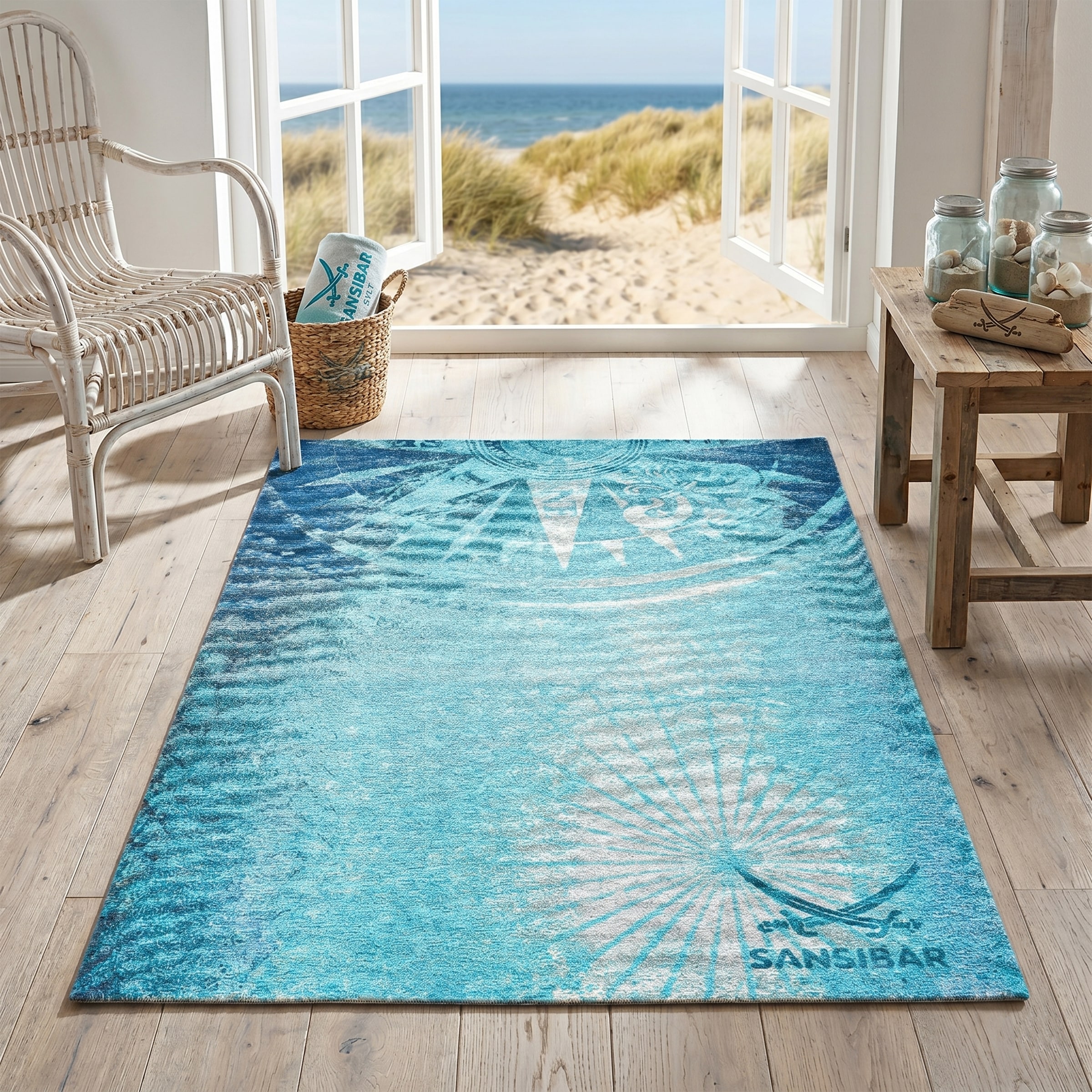 Sansibar Teppich "Keitum 011" rechteckig 3 mm Höhe Flachgewebe, modernes Design, Motiv Kompass