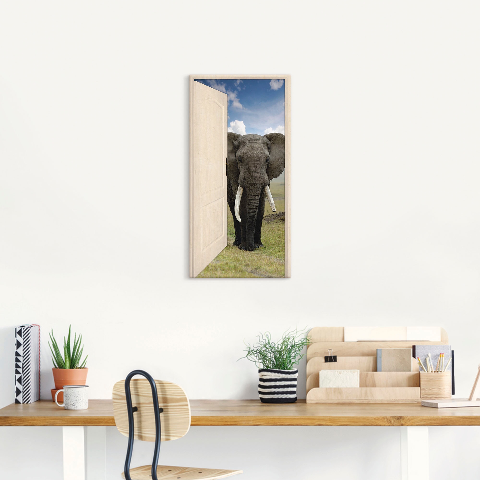 Artland Wandbild »Offene weiße Türe mit Blick auf Elefant«, Wildtiere, (1 St.), als Leinwandbild, Poster, Wandaufkleber in verschied. Größen