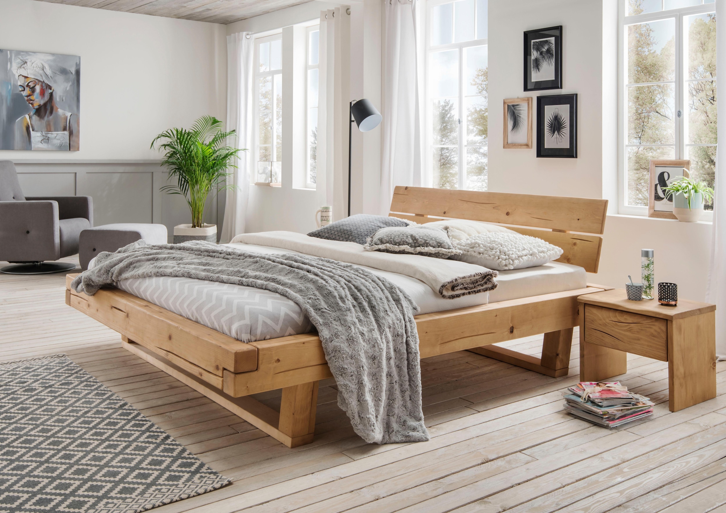 Home affaire Bettanlage "Ultima", (Set, 3 tlg.), 3tlg., aus Fichtenholz in Balken-Optik, aus 180 cm Bett, 2 Nachttische