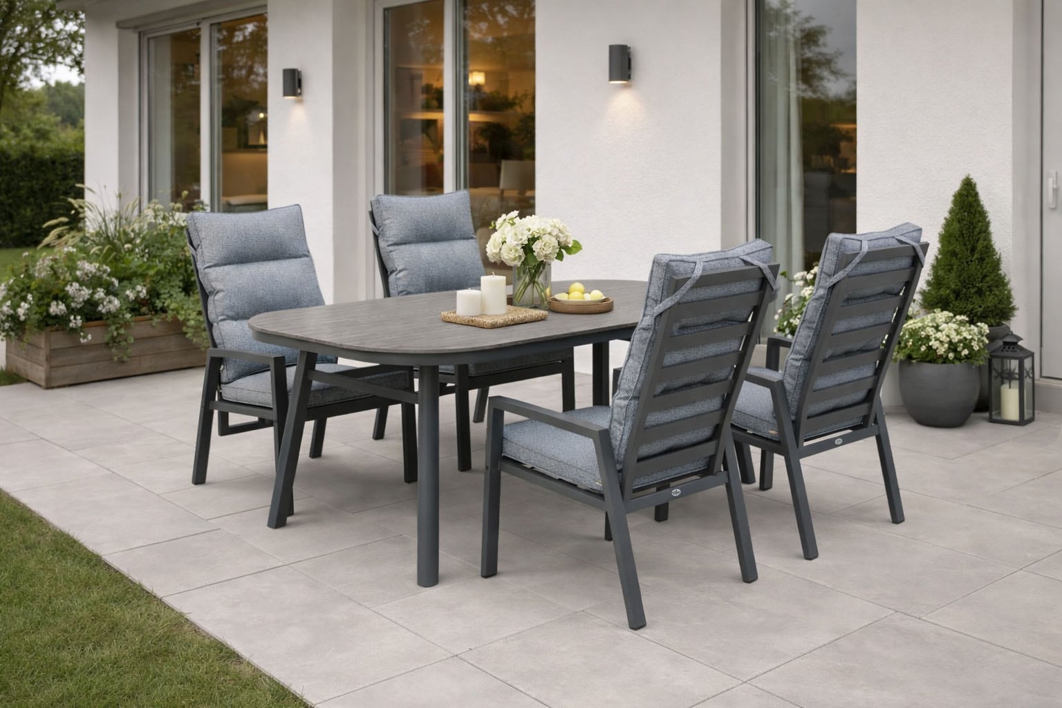 Destiny Garten-Essgruppe "GARDA SAN MARINO 4 HL + Tisch OV 180x90cm, grau/ anthrazit" Set, 5 tlg. Aluminium, Polywood