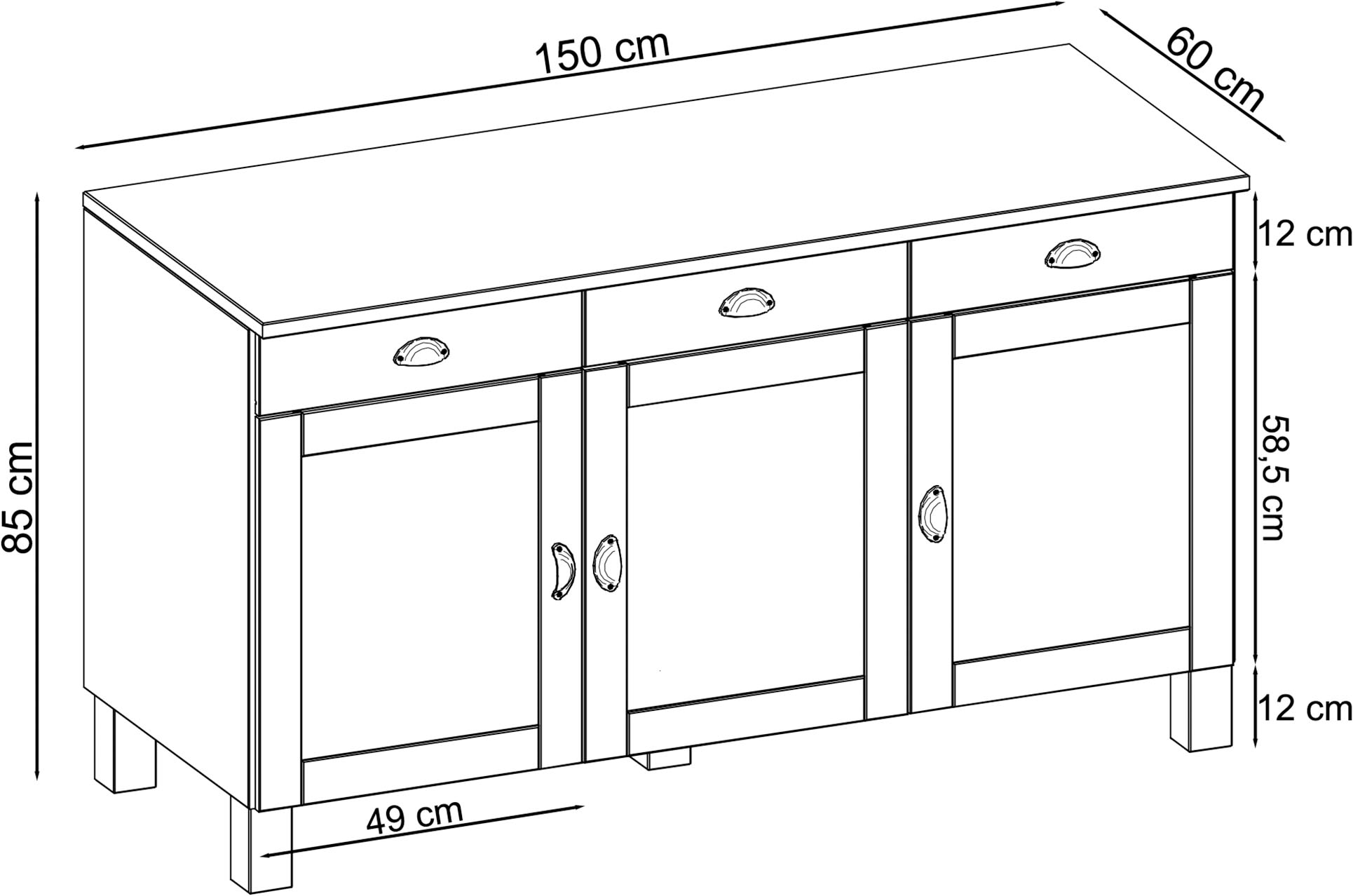 Home affaire Unterschrank »Oslo« 150 cm breit, 3 Türen, 3 Schubladen, aus massiver Kiefer, Metallgriffe