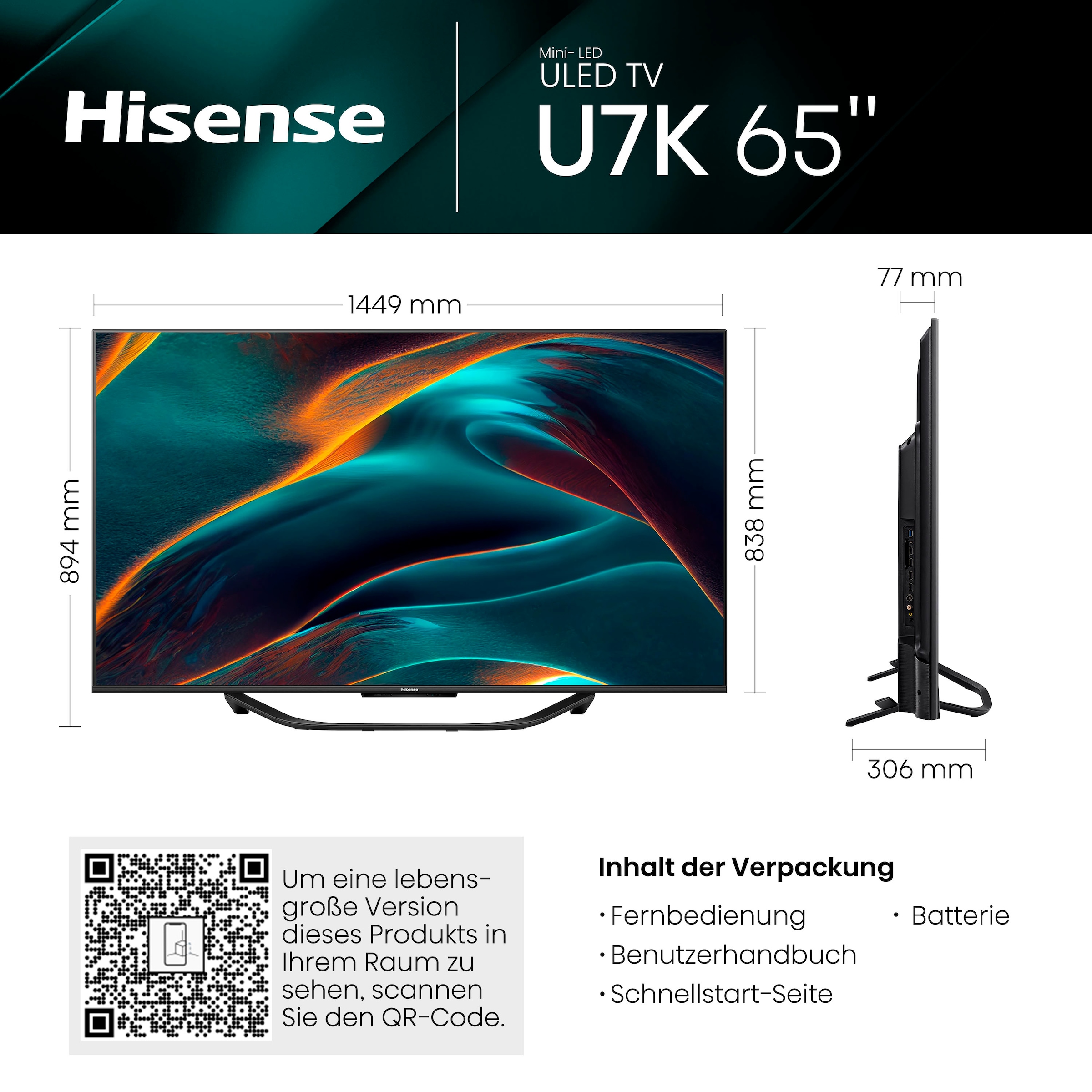 Hisense Mini-LED-Fernseher »65U7KQ«, 4K Ultra HD, Smart-TV