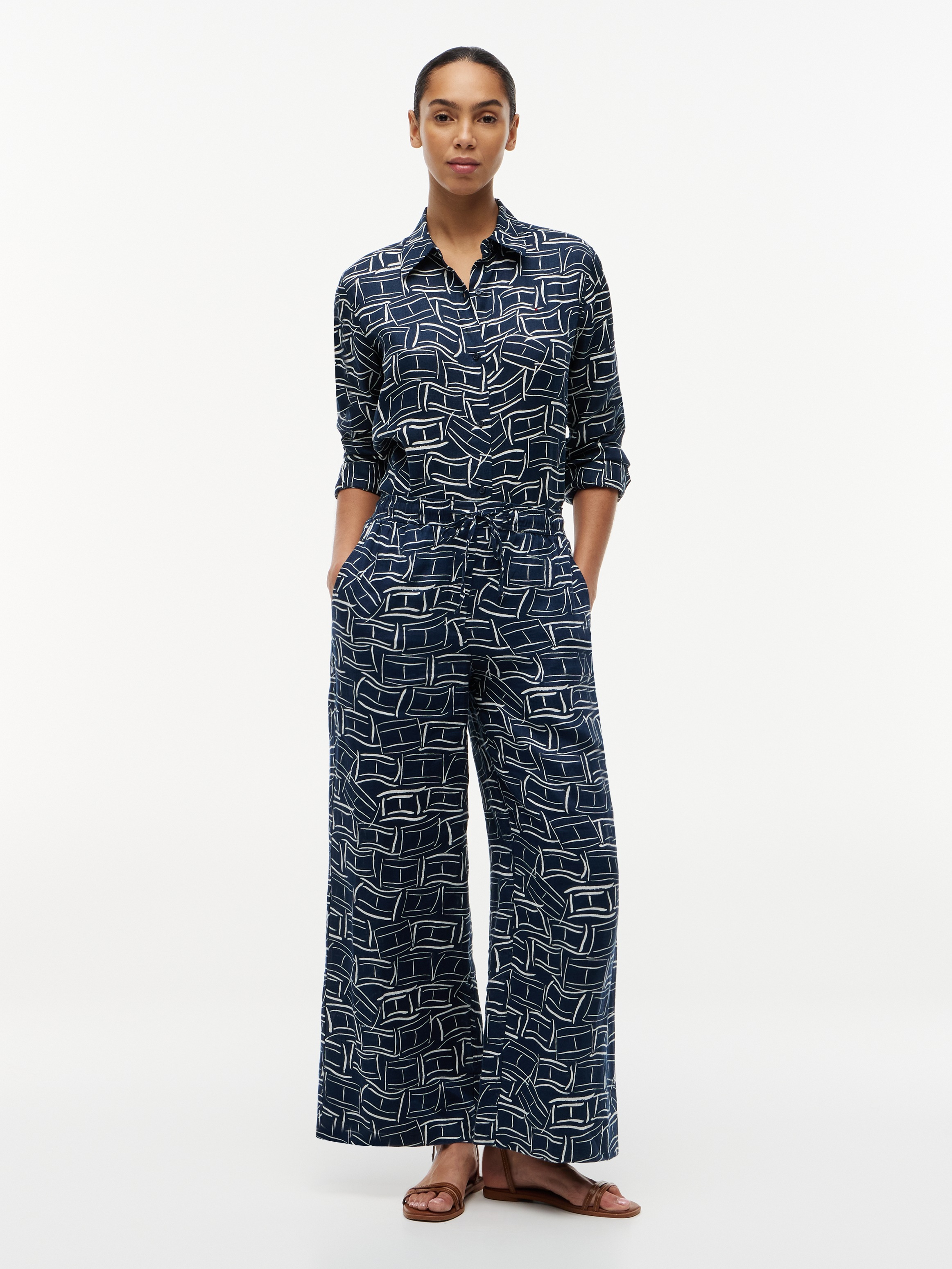 Leinenhose TOMMY HILFIGER "ESS LINEN PULL ON PANTS", Damen, Gr. L (42/44), N-Gr, flag feathers schwarz night navy, Web, Obermaterial: 100% Leinen, gemustert, lässig geschnitten lang, Hosen, in lockerer Passform, Elastikbund 4