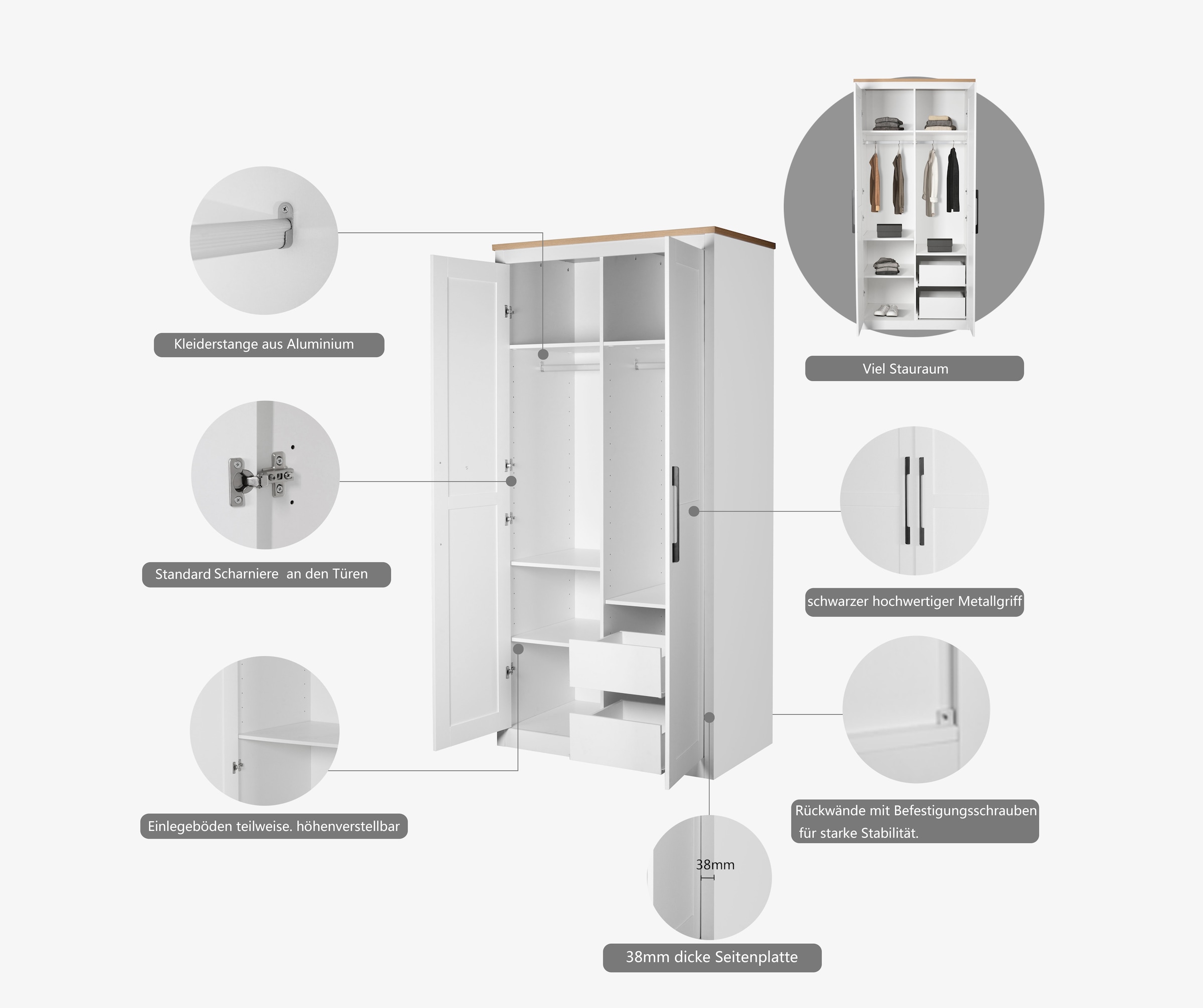 OTTO home Kleiderschrank »Büsum Schlafzimmer Schrank Otto´s Choice« stabile robuste Bauweise mit optimaler Aufteilung,  Schlafzimmerschrank Landhaus Design Garderobe Schrank Bestseller