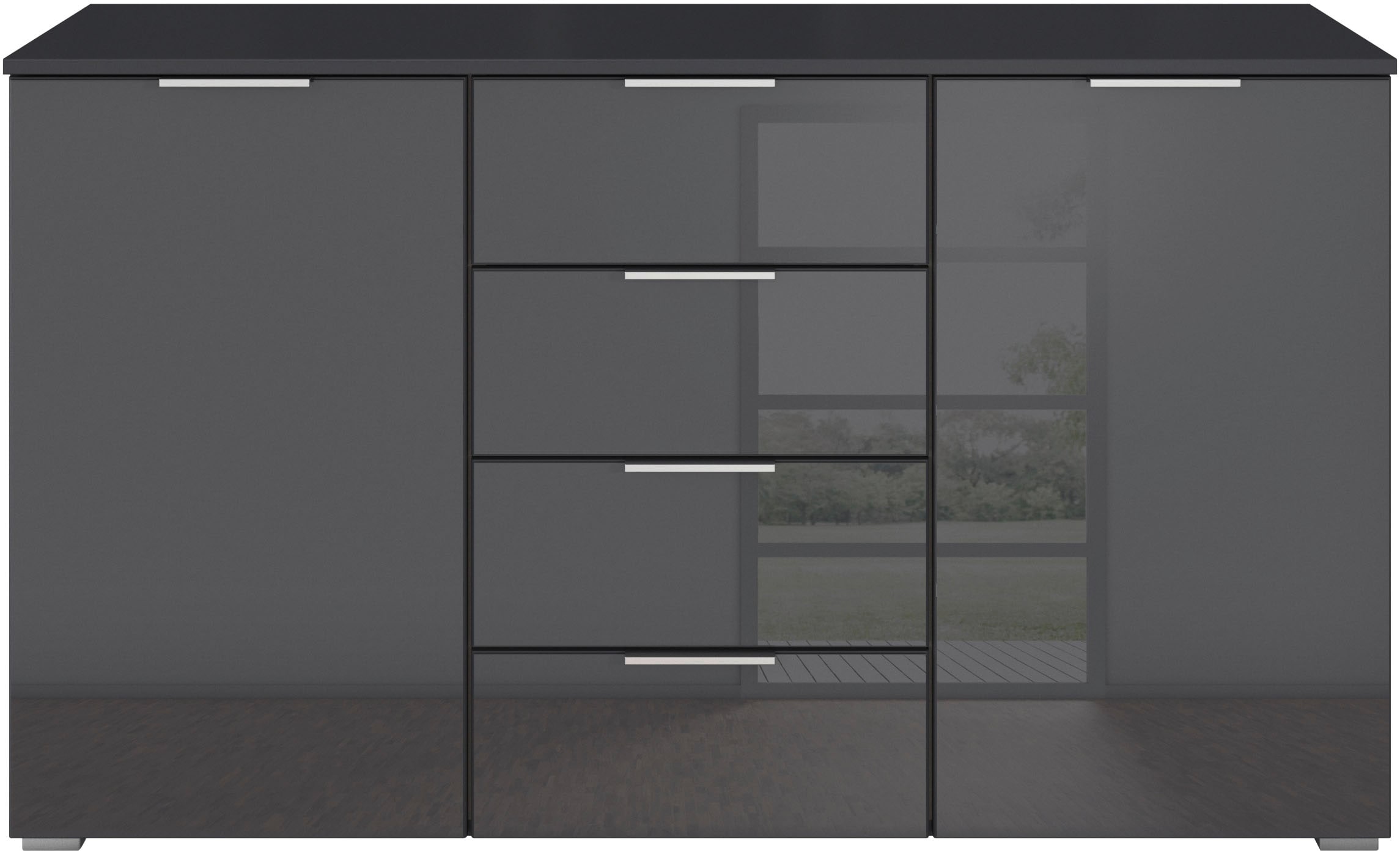 rauch Kombikommode »Sideboard Kombikommode Schubladenkommode AGORDO mit Glasfront«, (in zwei Griff-Farben, Breite 120 cm inkl. Soft-Close-Funktion), vier große Schubladen, mit insgesamt 4 Einlegeböden MADE IN GERMANY