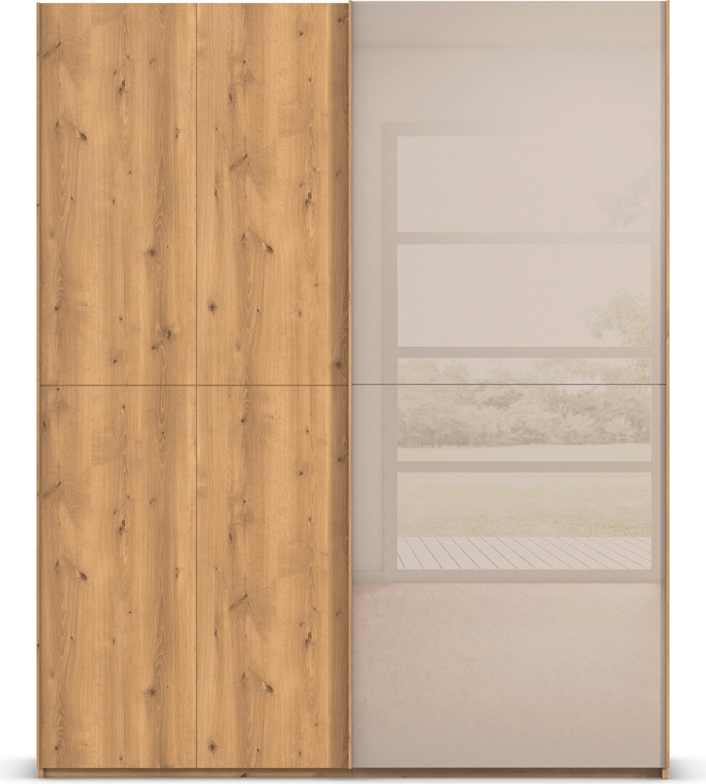rauch Schwebetürenschrank »Kleiderschrank Schrank Garderobe Schlafzimmerschrank SCALE-WOOD«, edle geteilte Front in massiver Asteiche mit Glastüren MADE IN GERMANY