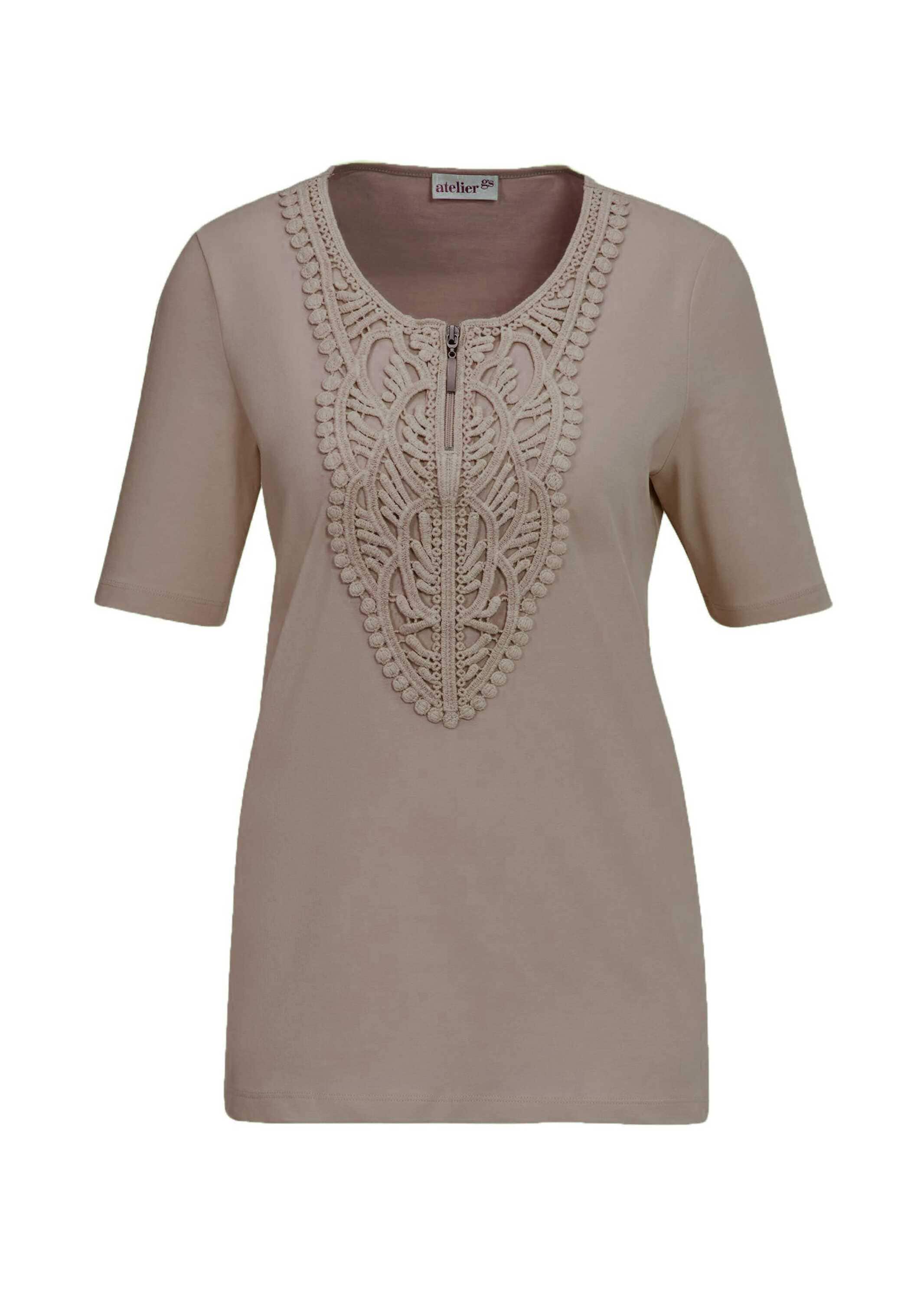 GOLDNER Kurzarmshirt "Kurzgröße Elegantes Jerseyshirt mit Rundhals" Effektvolle Häkelspitze