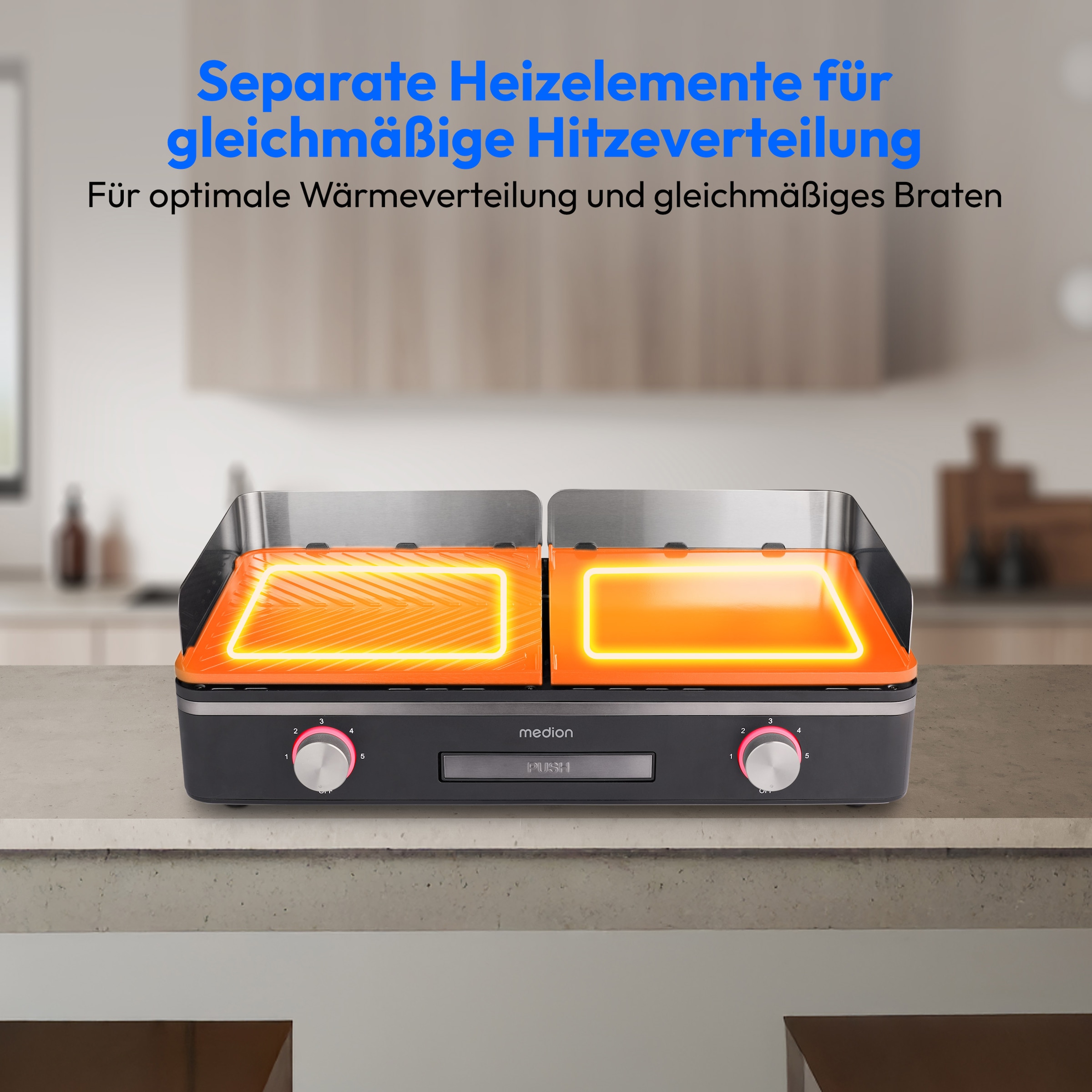 Medion® Tischgrill »MD12027, mit Dual-Zonen-System, 2,400 Watt, 2 abnehmbare Platten«, 2400 W, bis max. 240 °C, PFAS Frei, LED-Statusanzeige, IPX4-Schutz