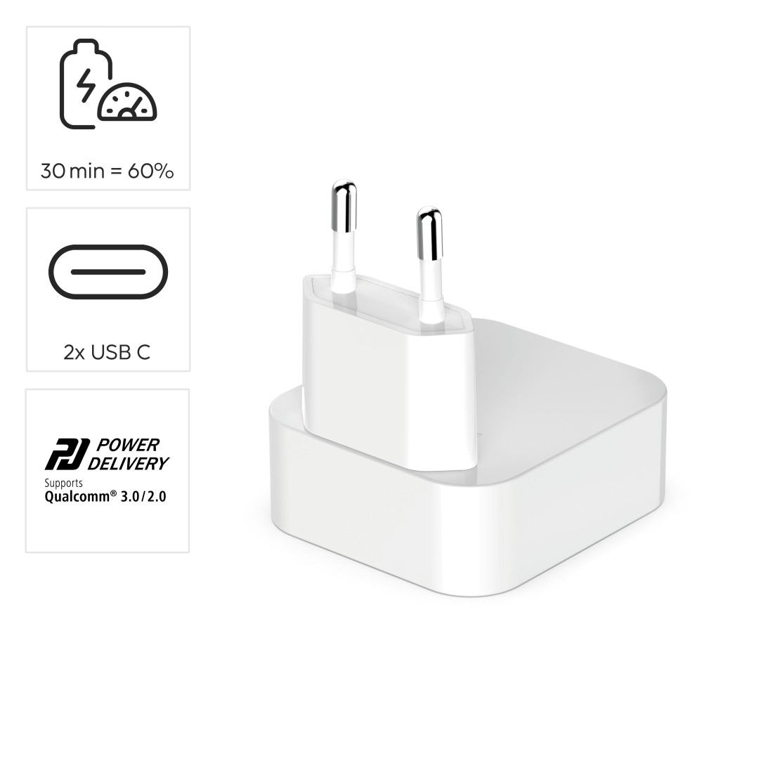 Hama Schnelllade-Gerät »faltbares Mini-Schnellladegerät, 40 Watt, GaN, 2xUSB-C, weiß« 2xUSB-C, Power Delivery, Fast Charge, GaN-Technologie, Eurostecker