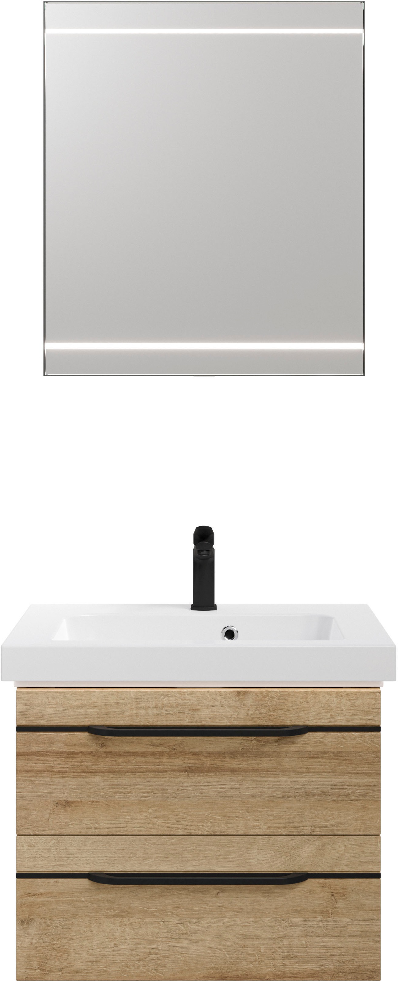 Saphir Badmöbel-Set »Balto 2-teilig Mineralmarmor-Waschtisch mit LED-Spiegel, Waschplatz«, (2 St.), 64,4 cm breit, mit 2 Schubladen, Badschrank inkl. Schubladendämpfer