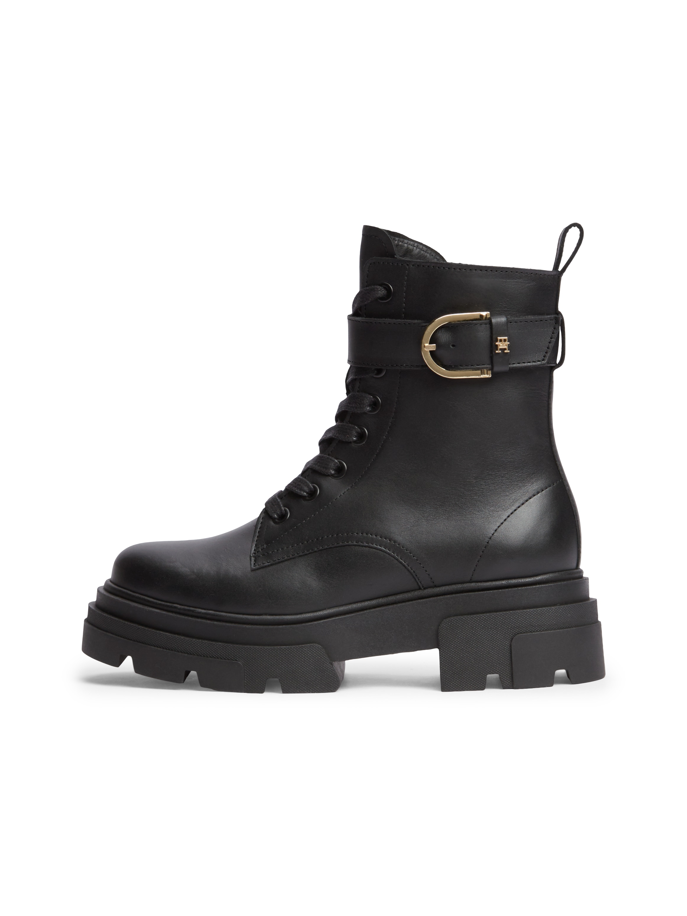 Tommy Hilfiger Schnürstiefelette »LEATHER TH BUCKLED LACE-UP BOOT«  Blockabsatz, Schnürboots mit verstellbarer Schnalle