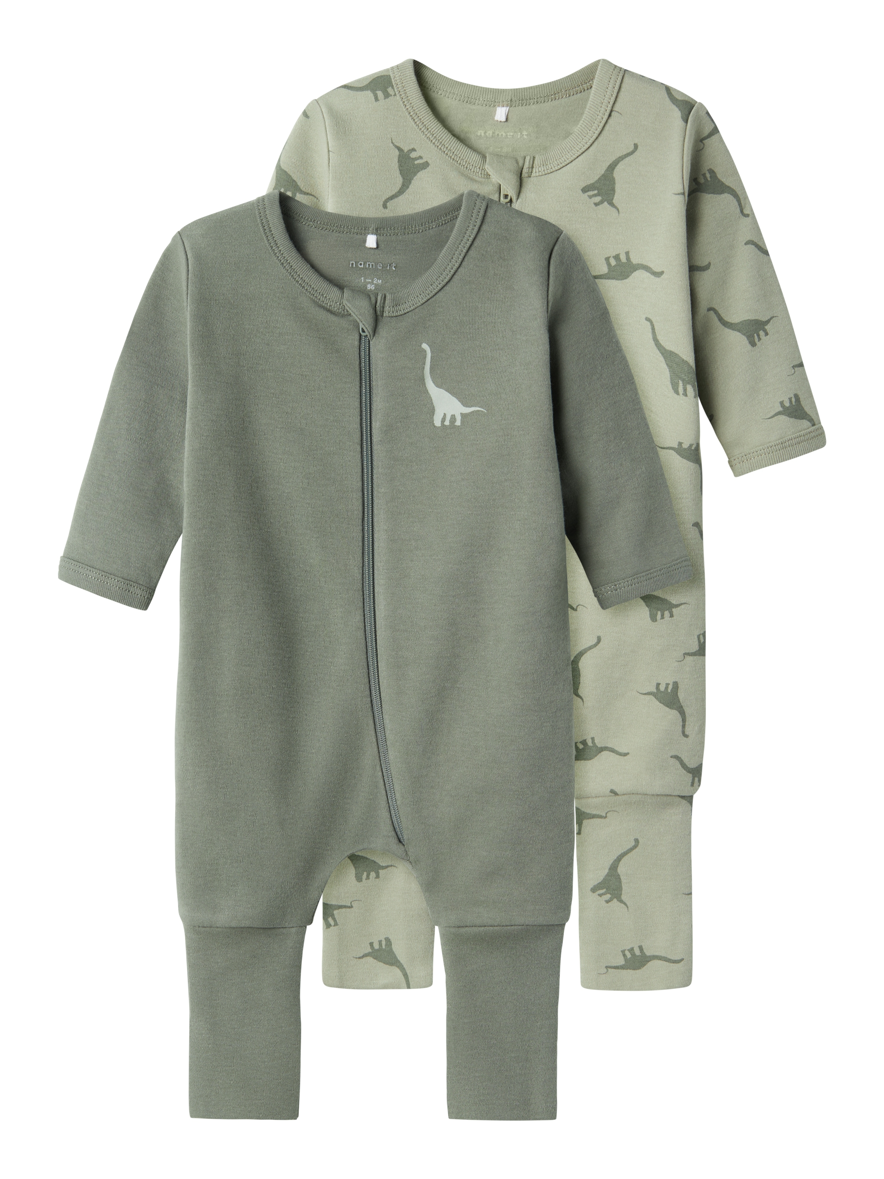 Name It Schlafanzug "NBMNIGHTSUIT 2P ZIP FF GREEN DINO" Packung, 2 tlg. aus Baumwolle, normale Passform, mit Reißverschluss und Kinnschutz