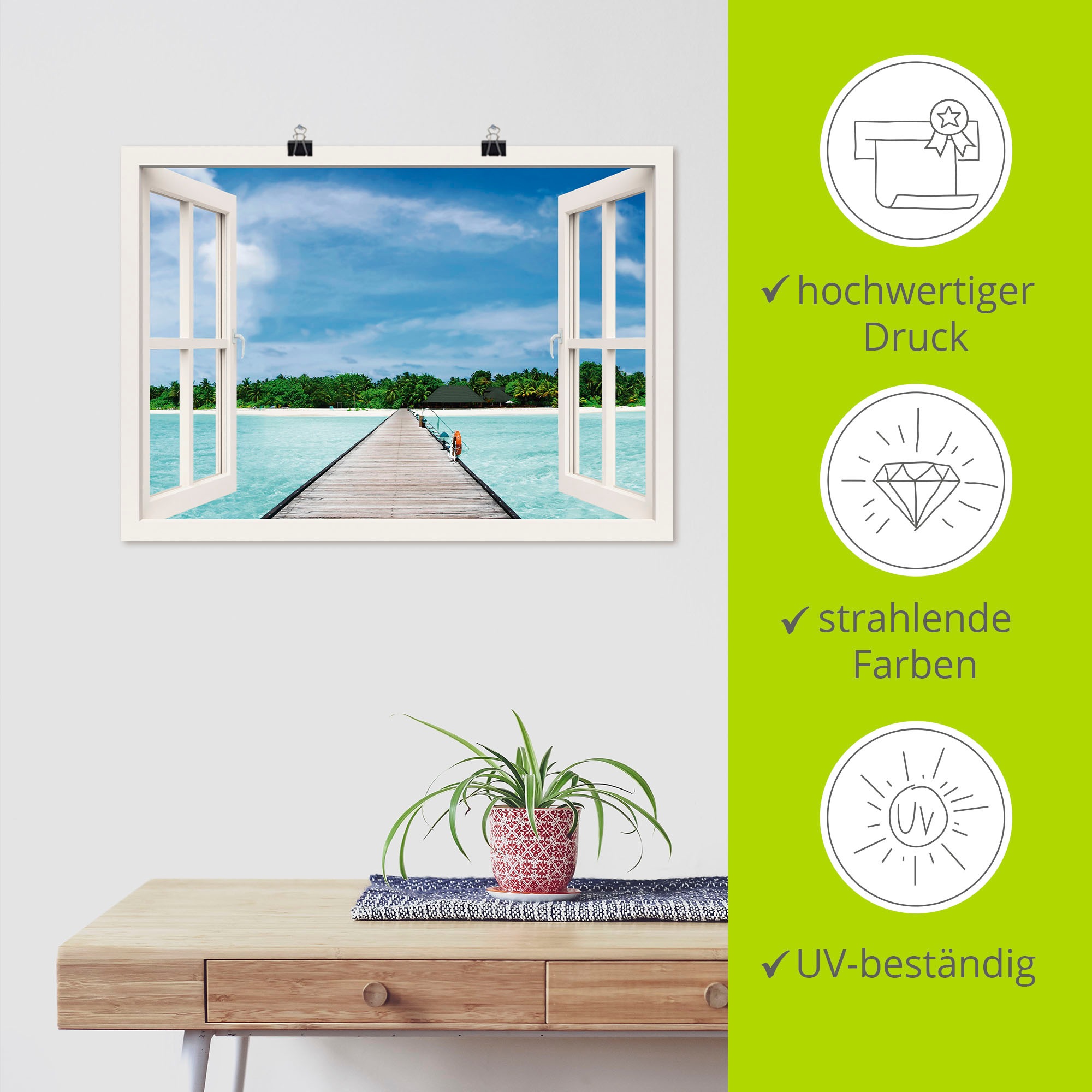Artland Wandbild »Fensterblick maledivischen Paradies«, Fensterblick, (1 St.), als Leinwandbild, Poster, Wandaufkleber in verschied. Größen