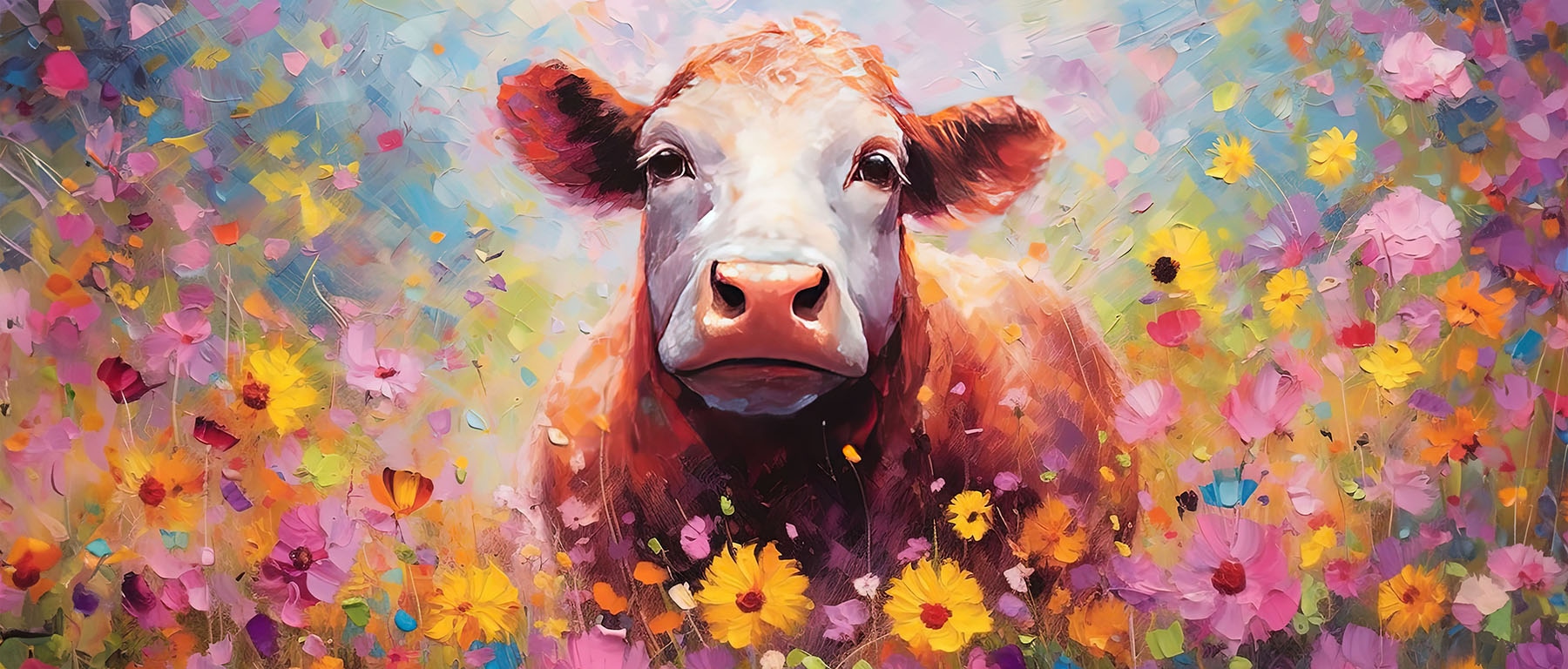Bönninghoff "Wandbild BUNTE KUH 60x140 cm – Leinwandbild Keilrahmen Deko modern" Blumen Kuh Kühe 1 Stk. tlg. auf Keilrahmen gespannt