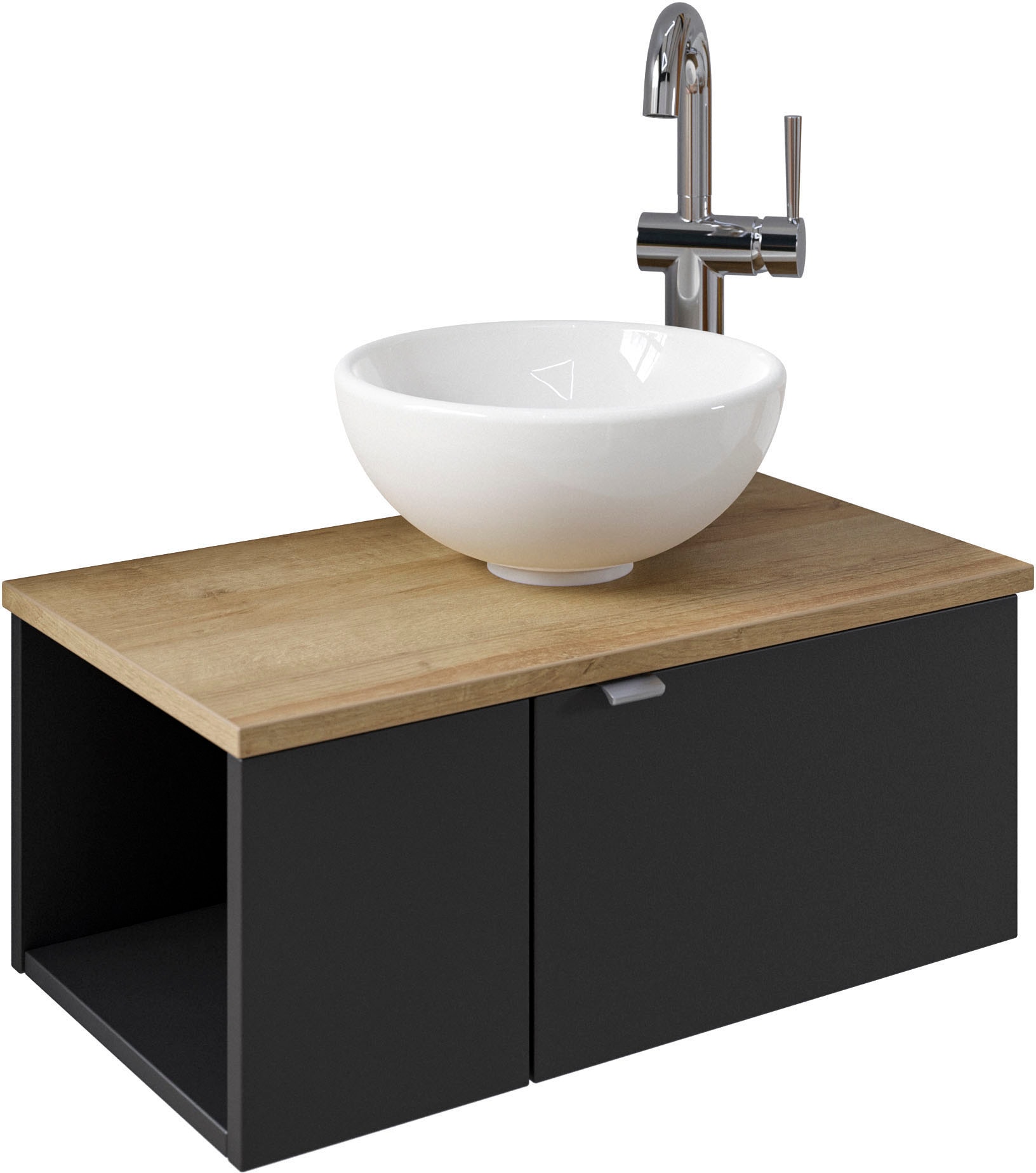 Saphir Waschtisch "Serie 6915 Waschschale mit Unterschrank für Gästebad, Gäste WC" Keramik-Aufsatzbecken, Waschtischplatte, Waschtischunterschrank, 3 Stk. tlg. 61 cm breit, 2 Türen, offenes Fach, kleine Bäder, ohne Armatur