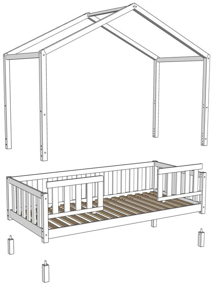 Vipack Hausbett »Dallas, Massivholzbett mit Dachaufbau umbaubar vom Boden- zum Daybett« inkl. Lattenrost, Rausfallschutz, Sprossen, 90 oder 140x200 cm breit,  stabil und standfest gebaut, wahlweise Kiefer massiv natur oder weiß