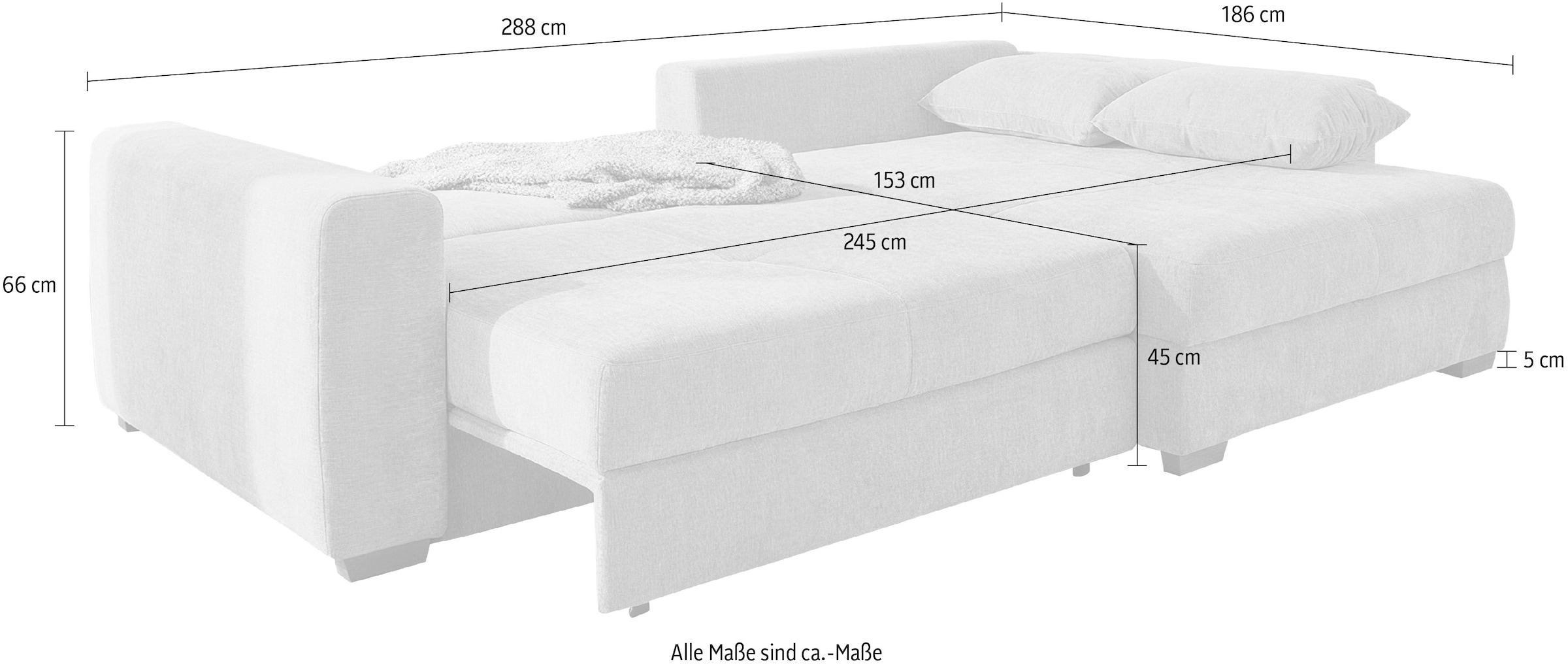 Jockenhöfer Gruppe Ecksofa »Kampen L-Form, B: 288 cm, Liegefl. 153x245 cm« mit Bettfunktion, Bettkasten & Zierkissen, Federkern