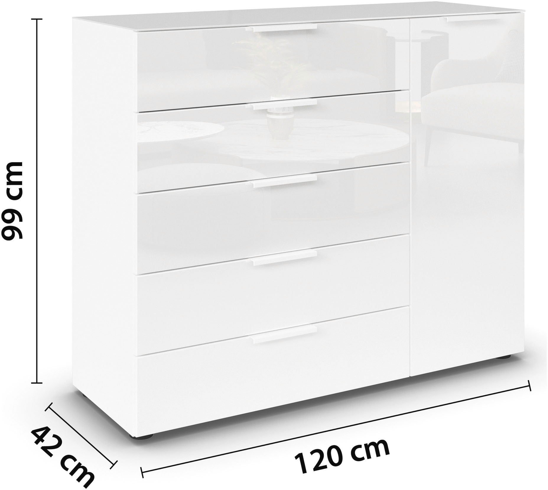 rauch Schubkastenkommode »Kommode Türkommode Sideboard Kombikommode FLIPP mit Glasfront« Breite 120 cm mit 2 Einlegeböden,  1-türig, 5 Schubladen, Soft-Close-Funktion, Oberboden und Front Glas