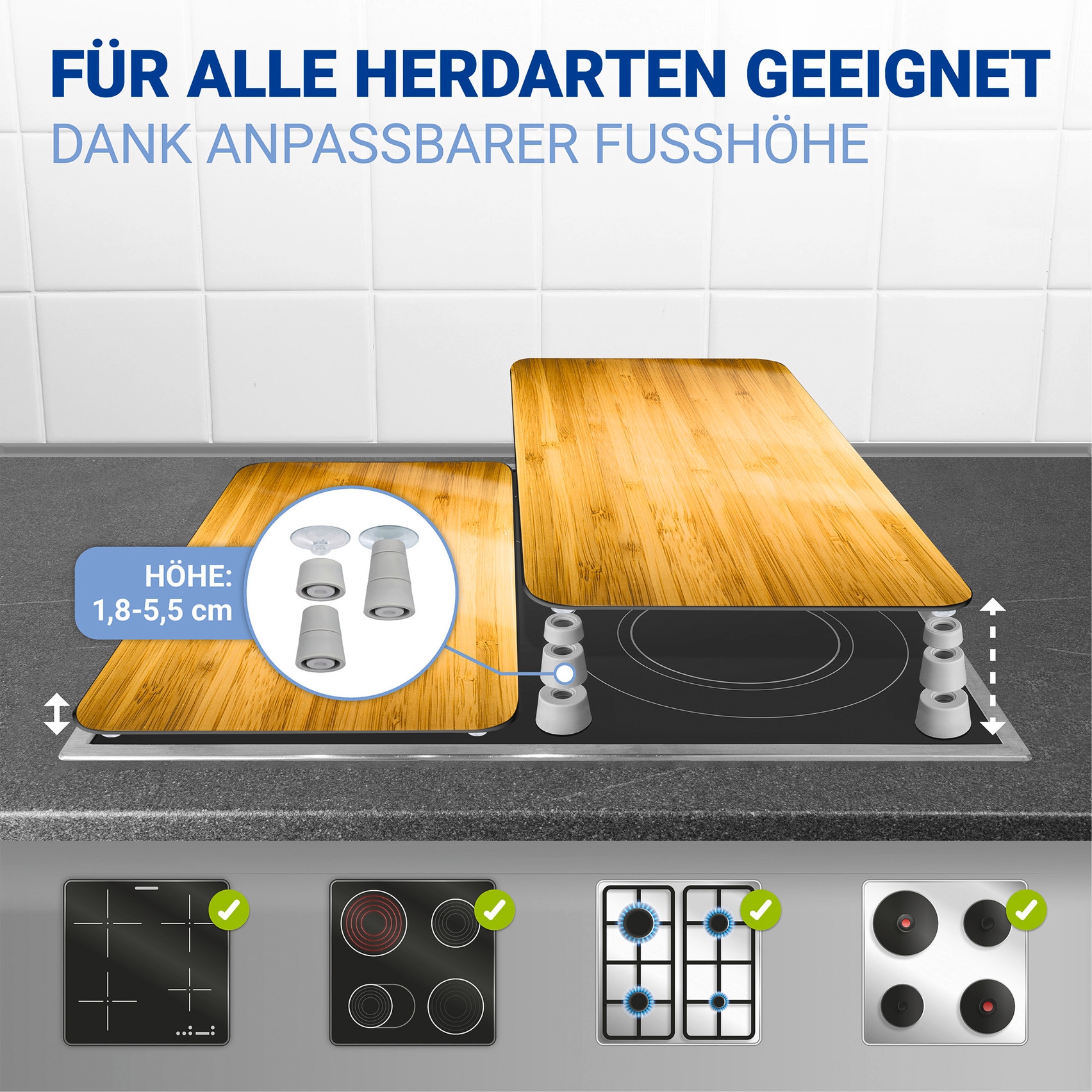 WENKO Herd-Abdeckplatte »Universal Modell Holz-Optik«, (Set, 2 tlg.), Herdabdeckung für alle Herdarten, kratzfest, mit rutschfesten Füßen