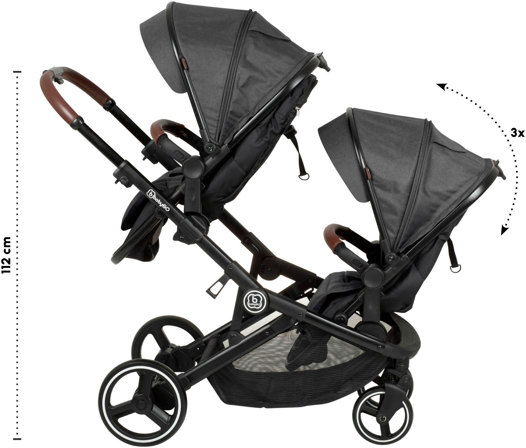 BabyGo Zwillings-Kombikinderwagen »Twinner Set, Grey melange«, 30 kg, inkl. 2 Regenhauben, Wickeltasche