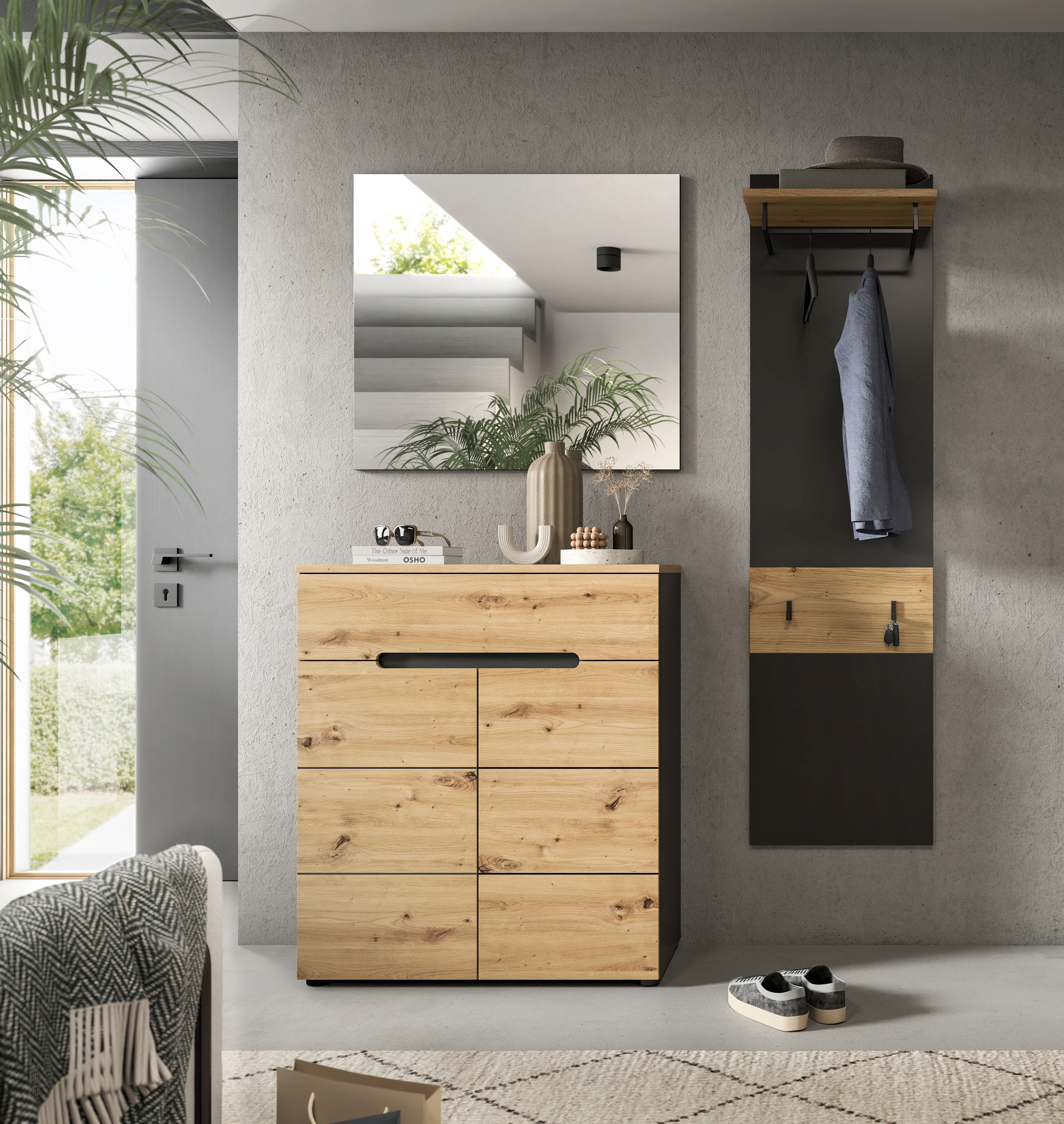INOSIGN Garderoben-Set, (Set, 3 St., bestehend aus: Kommode, Spiegel und Garderobenpaneel), Garderobenkombination, Kombination, Set, Flurgarderobe, Diele