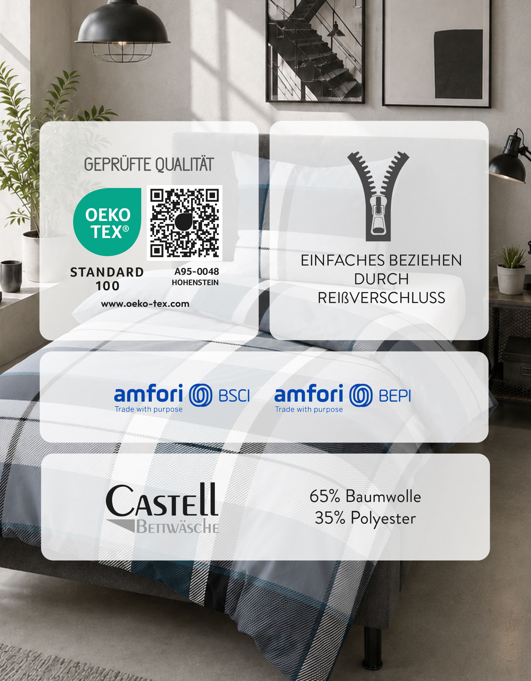 Castell - Markenbettwäsche Bettwäsche »0350369 Polycotton-Biber Bettwäsche 65% Baumwolle, 25% Polyester« 2 wärmend weich, Reißverschluss, Winterbettwäsche, Karo