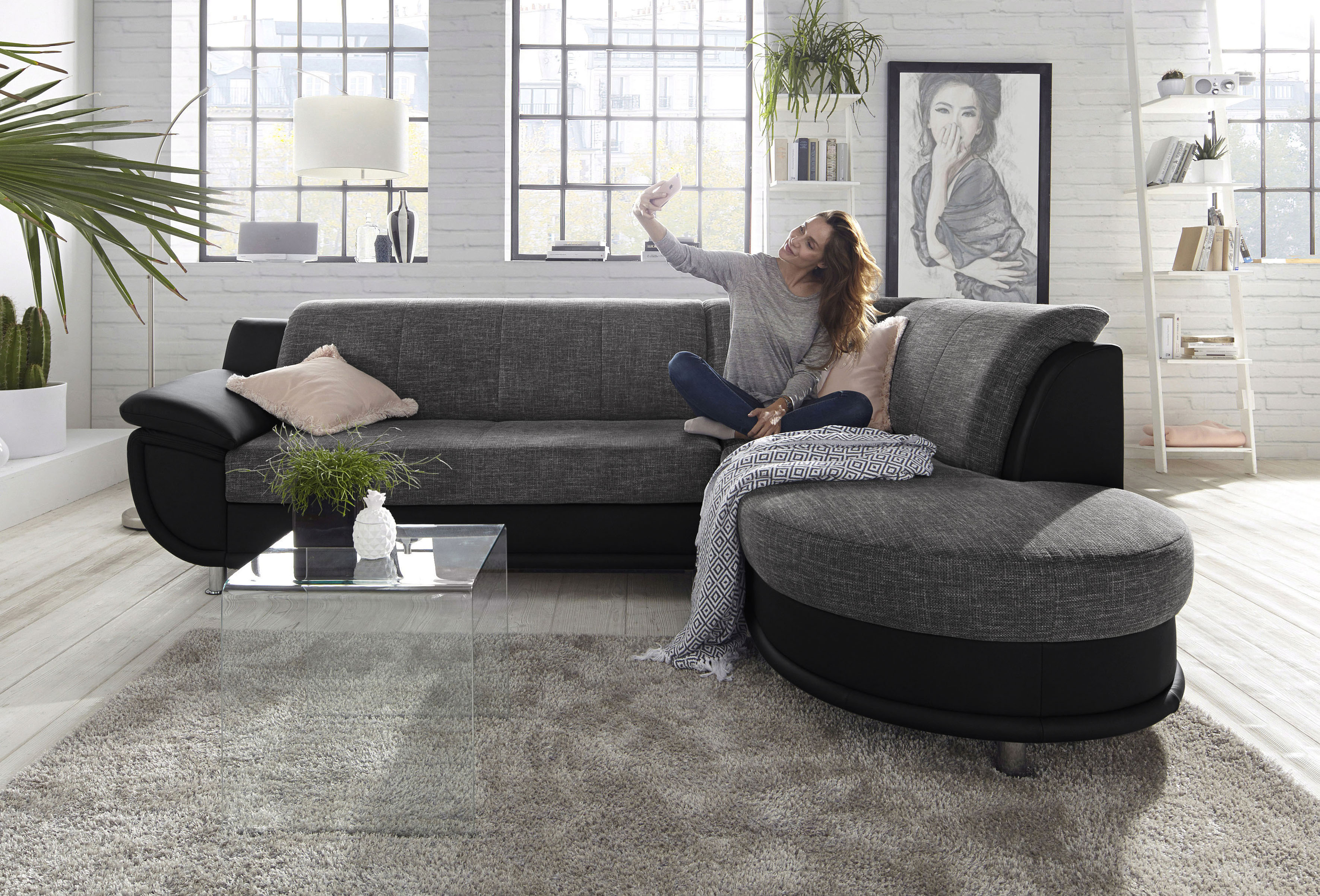 TRENDMANUFAKTUR Ecksofa "Rondo 3, zeitlos & bequem, Materialmix, L-Form, Breite 265cm" wahlweise mit Federkern für mehr Komfort, wahlweise mit Bettfunktion
