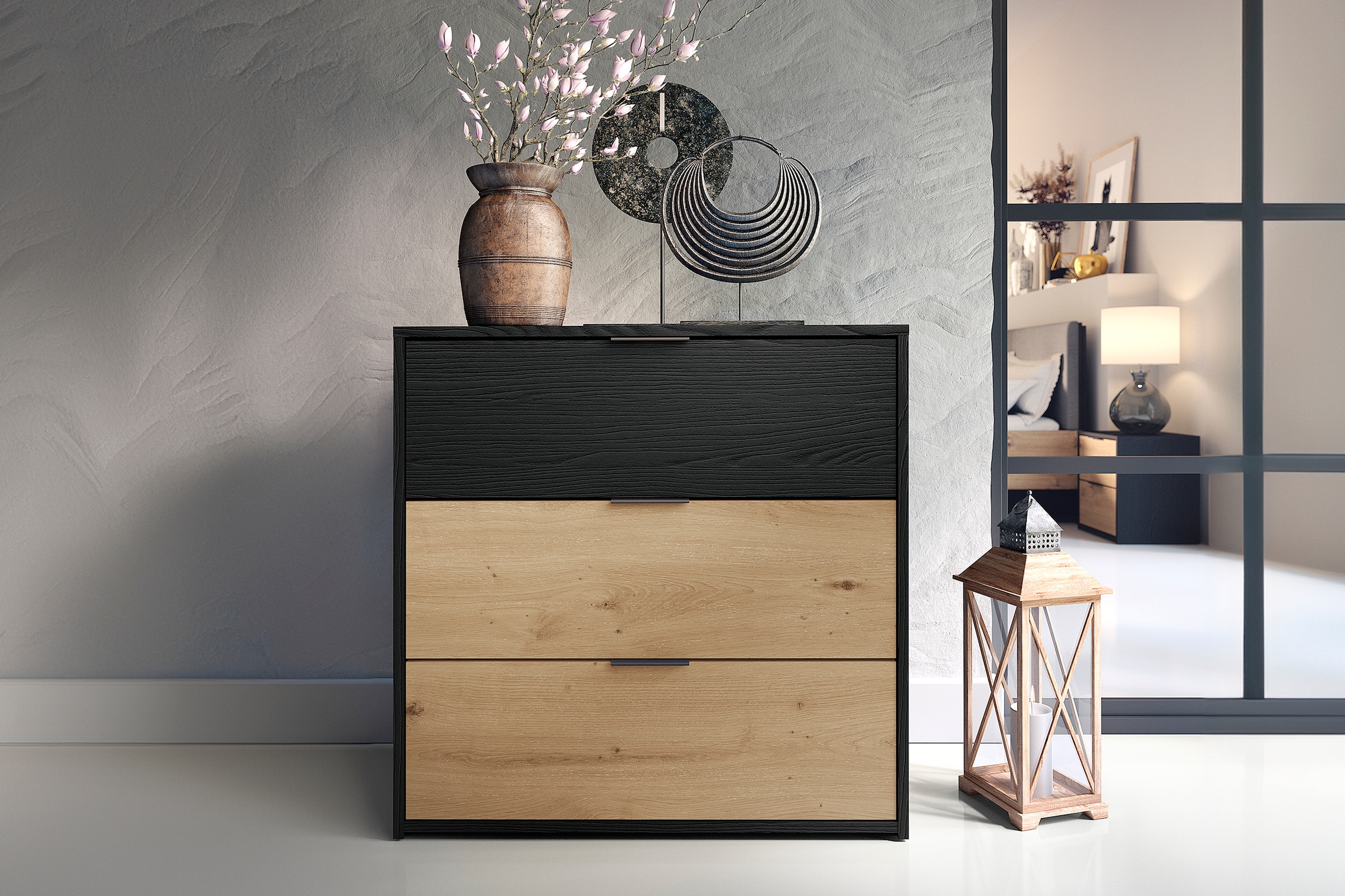 byLIVING Schubkastenkommode »Rimini«, Melamin Eiche schwarz und Artisan Eiche, 3 Schubkästen, Breite 80 cm