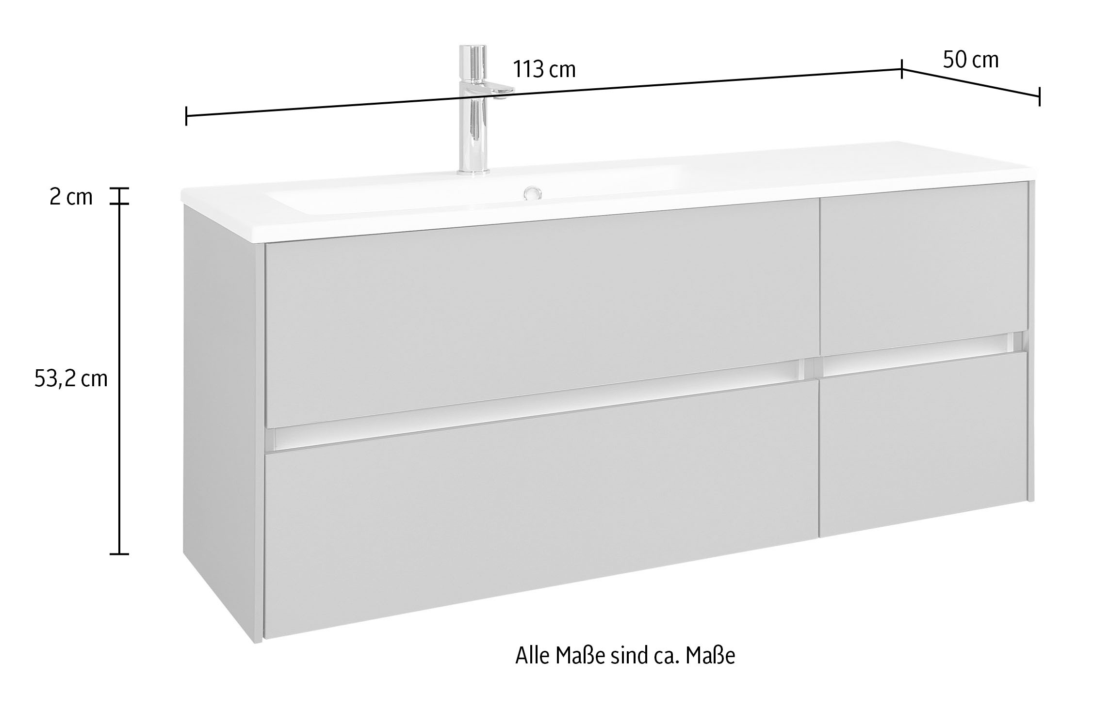 Saphir Waschtisch »Solid-Surface-Waschtisch mit Unterschrank Serie 6010,vormontiert,113cm« 2 Stk. tlg. Waschplatz, 4 Schubladen, LED-Beleuchtung, Badmöbel Set mit Waschtisch