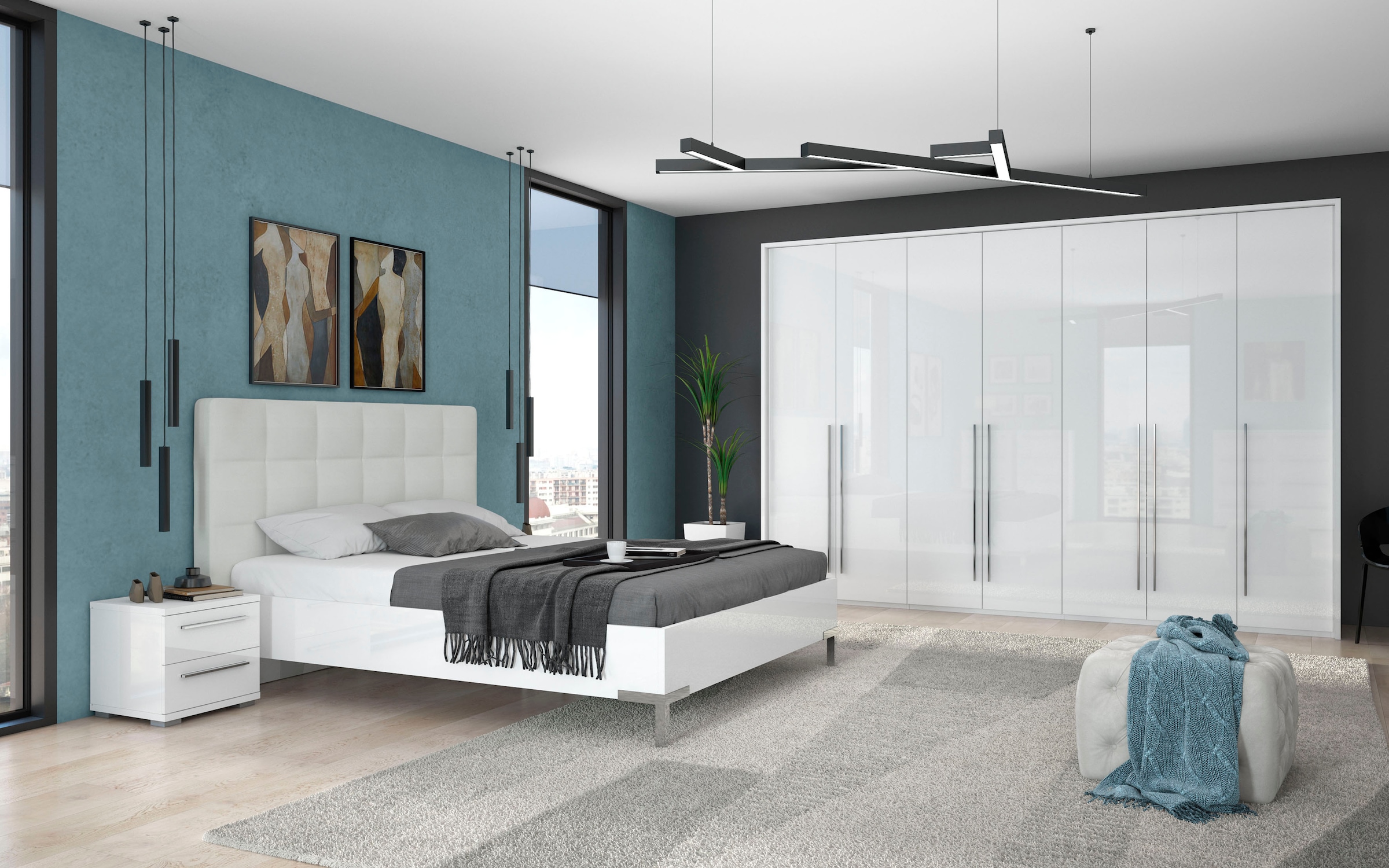 Places of Style Kleiderschrank »Piano, inklusive Rahmen und Beleuchtung, soft-close-Funktion«, (viele Breiten zur Auswahl, 226cm hoch), beige oder weiß, UV lackiert, Hochglanzfronten, FSC-zertifiziert