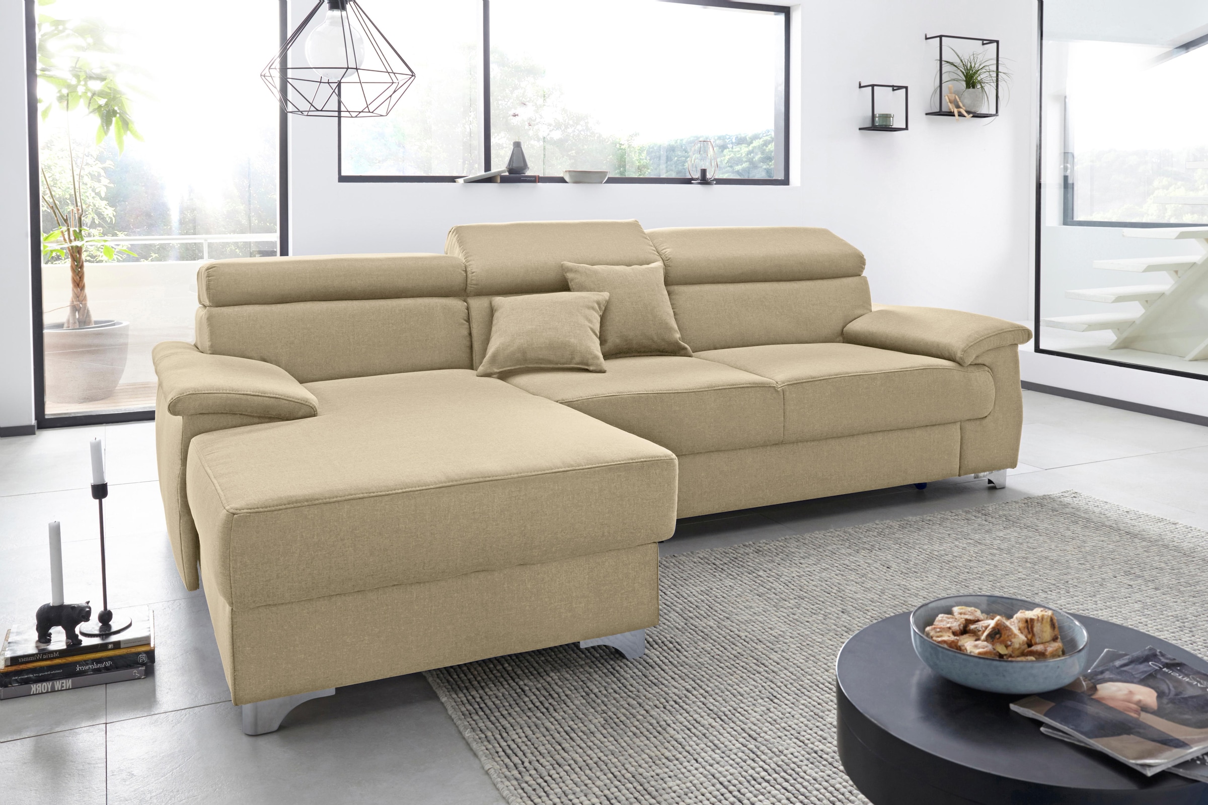 DOMO collection Ecksofa »Mira, inklusive Kopfteilverstellung für mehr Wohlfühlkomfort, L-Form« wahlweise mit Bettfunktion und Bettkasten, elegant und modern