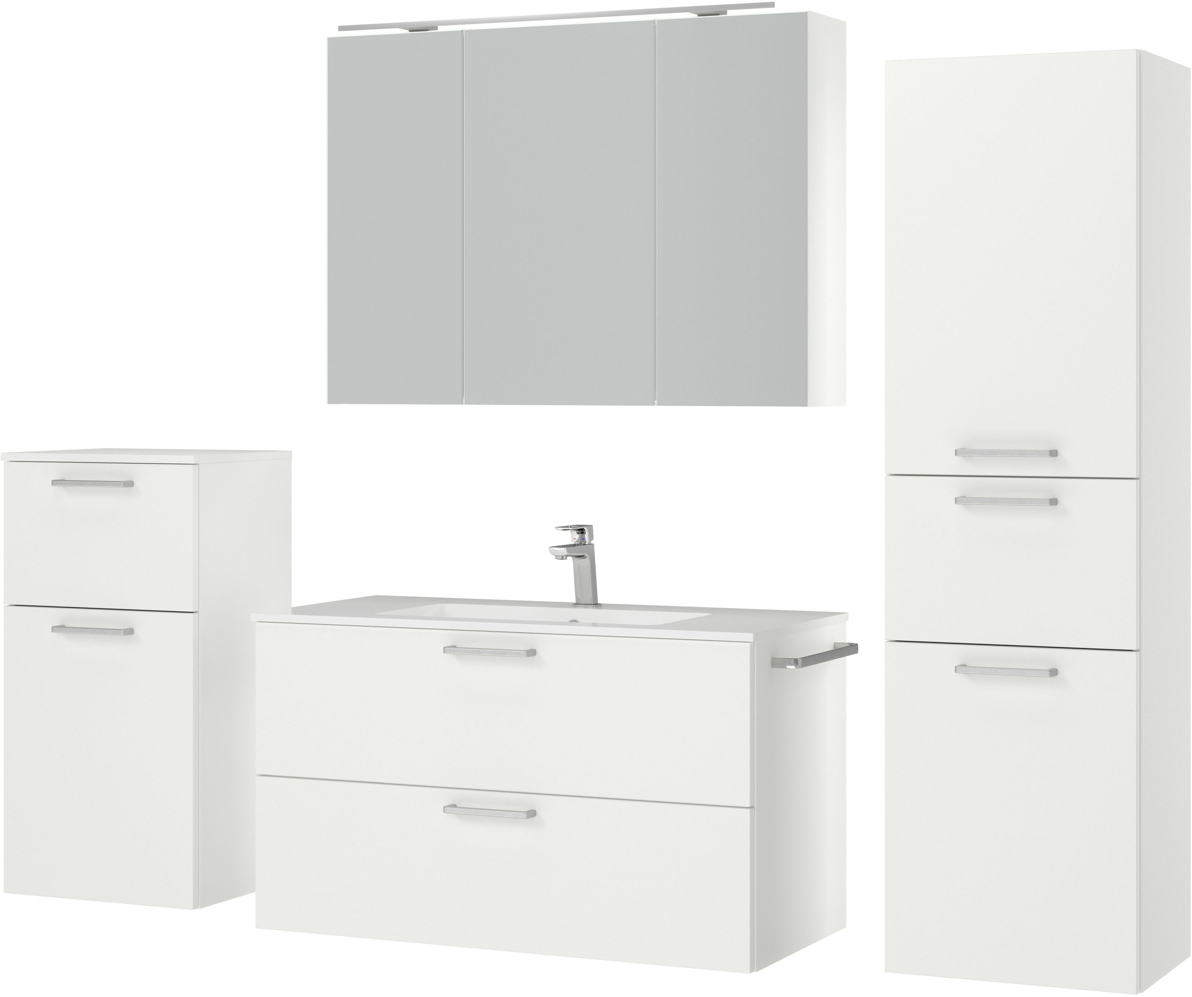 nobilia® Badmöbel-Set »Tolvina«, (4 St., vormontiert, mit Soft-Close), inkl. Spiegelschrank mit Beleuchtung und Dimmerfunktion, in 4 Breiten