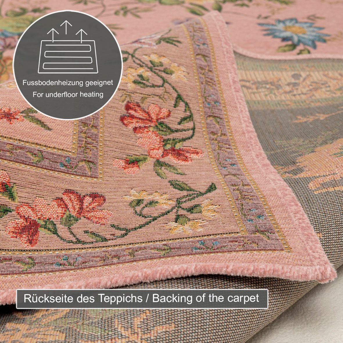 Teppich THEKO "Flomi Sagrini" Gr. 3, rosa (rosé), B:120cm H:4mm L:170cm, Baumwolle, Kunstfaser, Teppiche, Teppich, Flachgewebe, Pastell-Farben, Blumen Design, mit Bordüre 3
