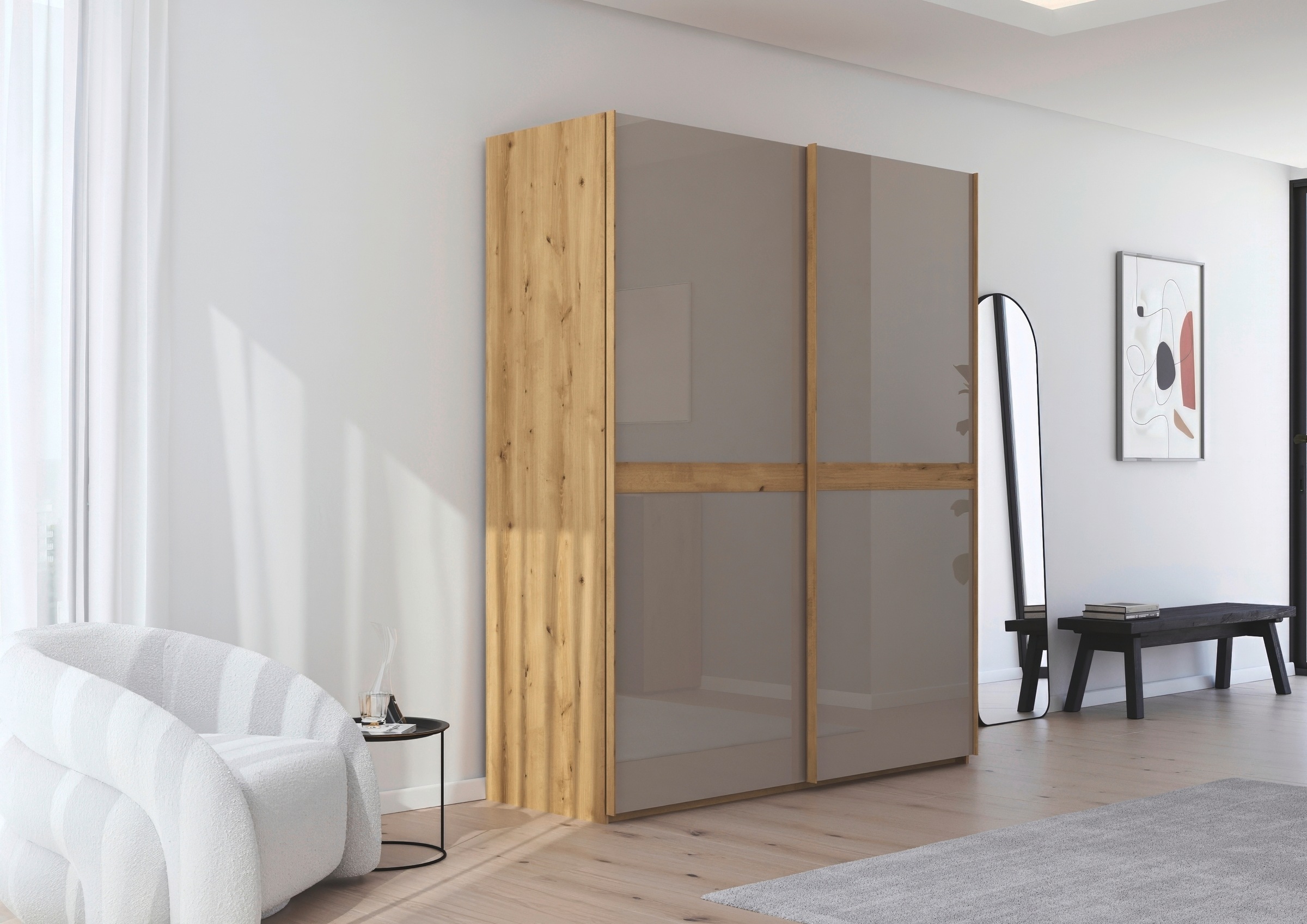 rauch Schwebetürenschrank »Kleiderschrank Schrank Garderobe Schlafzimmerschrank SCALE-LINE«, edle Optik mit Bauchbinde in Korpusfarbe mit Glasfront MADE IN GERMANY