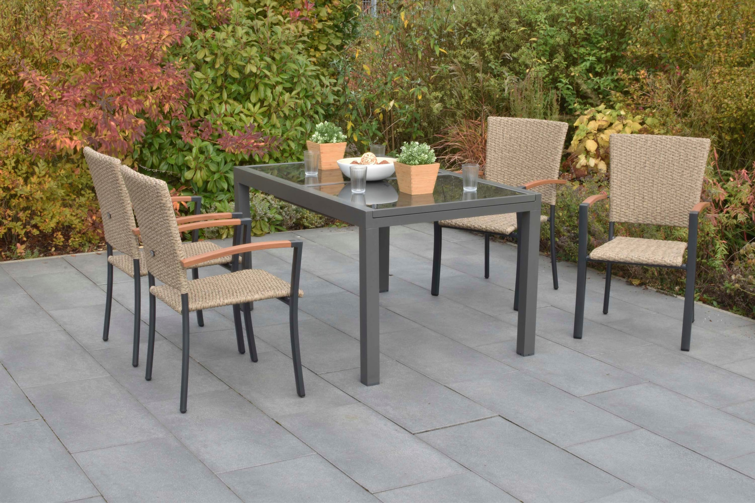 MERXX Garten-Essgruppe »Teramo« Set, 5 tlg. inkl. 4 Stapelsessel, 1 Ausziehtisch