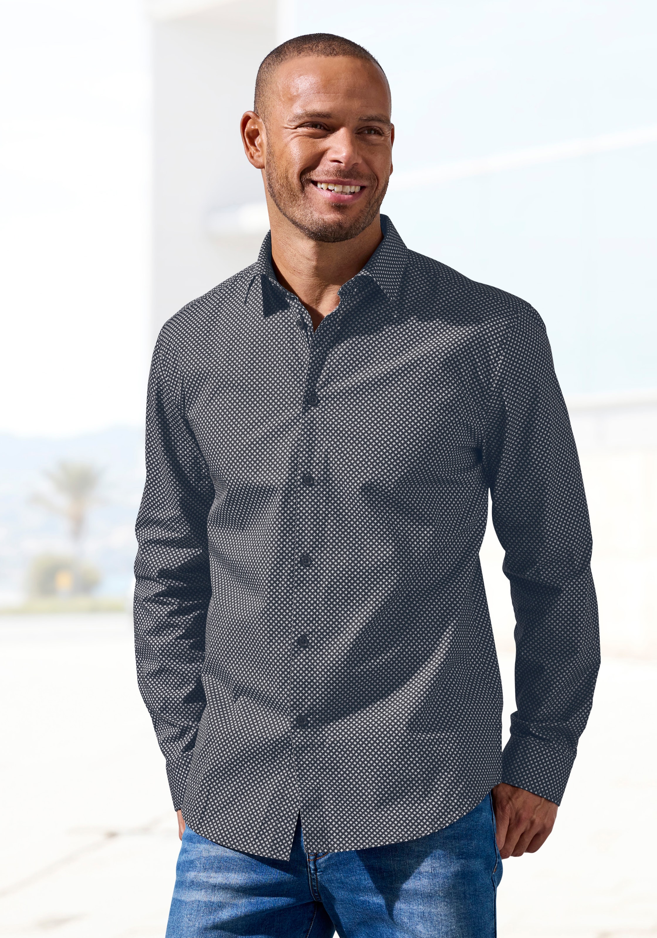 H.I.S Langarmhemd "Regular fit" mit Haifischkragen und allover Print aus re günstig online kaufen