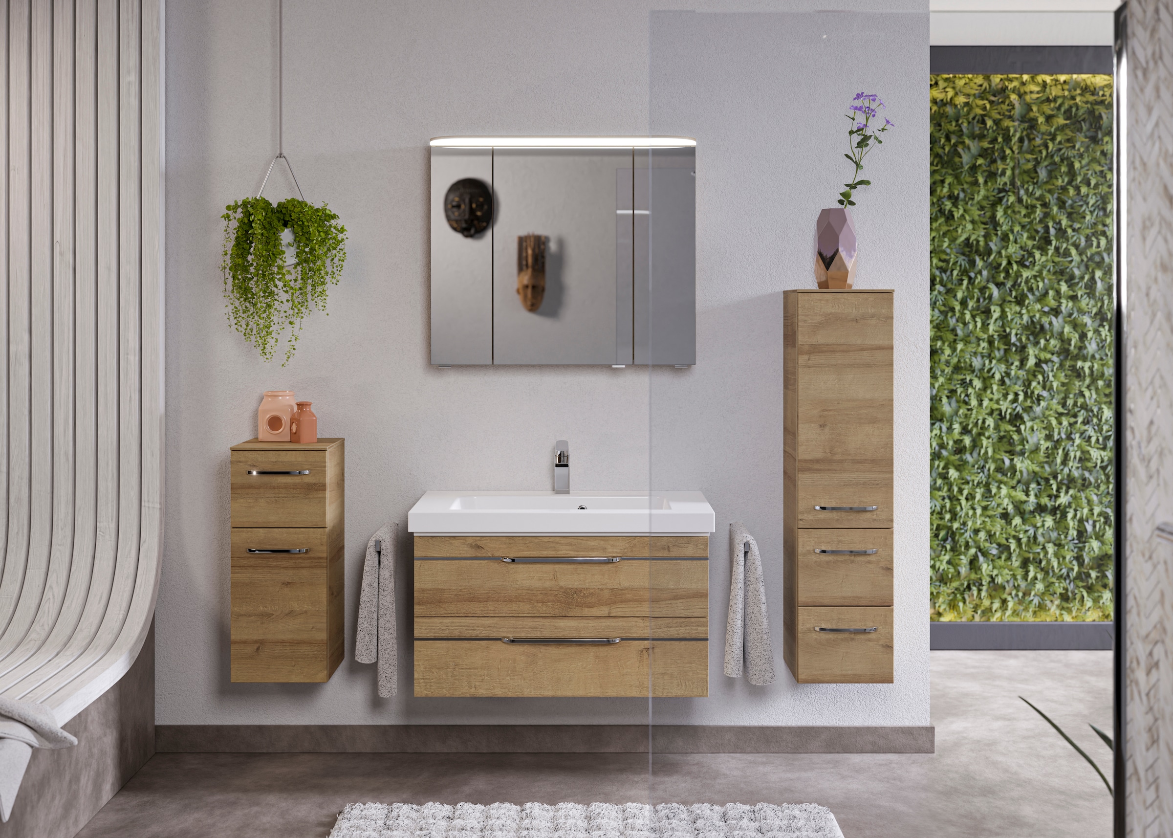 Saphir Badmöbel-Set »Balto Sprint 4-teilig, Mineralmarmor-Waschtisch mit LED-Spiegelschrank«, (5 St.), Midischrank und Unterschrank, inkl Türdämpfer, 5 Türen, 5 Schubladen