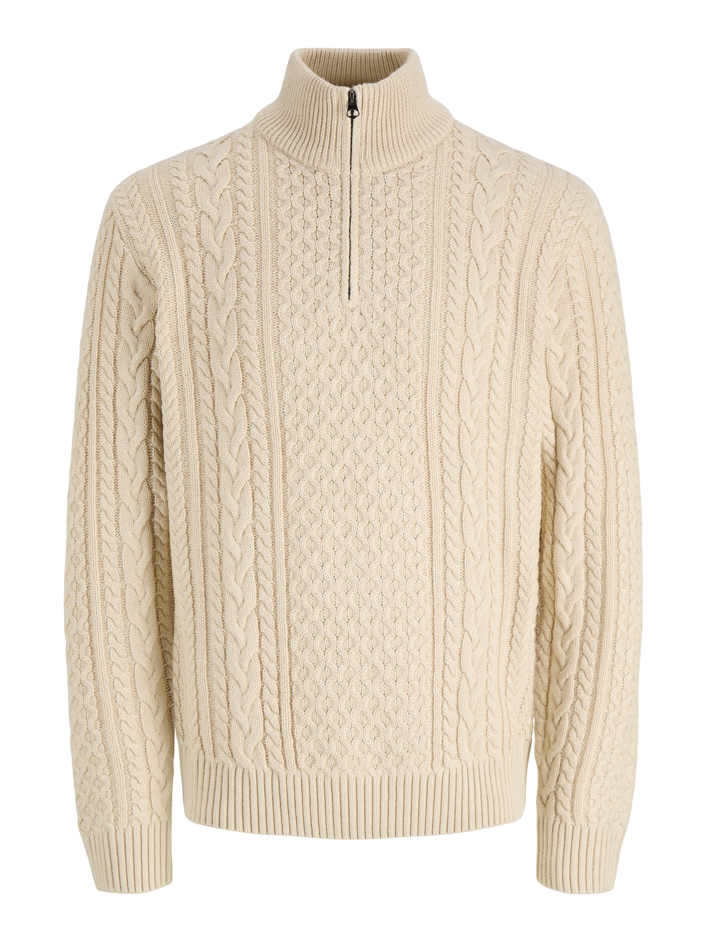 JACK & JONES Herren Strickpullover "JPRBLUCALLUM CABLE KNIT HALF ZIP", beige, Gr. S, meliert, Strick, Obermaterial: 57% Polyacryl, 43% Baumwolle,