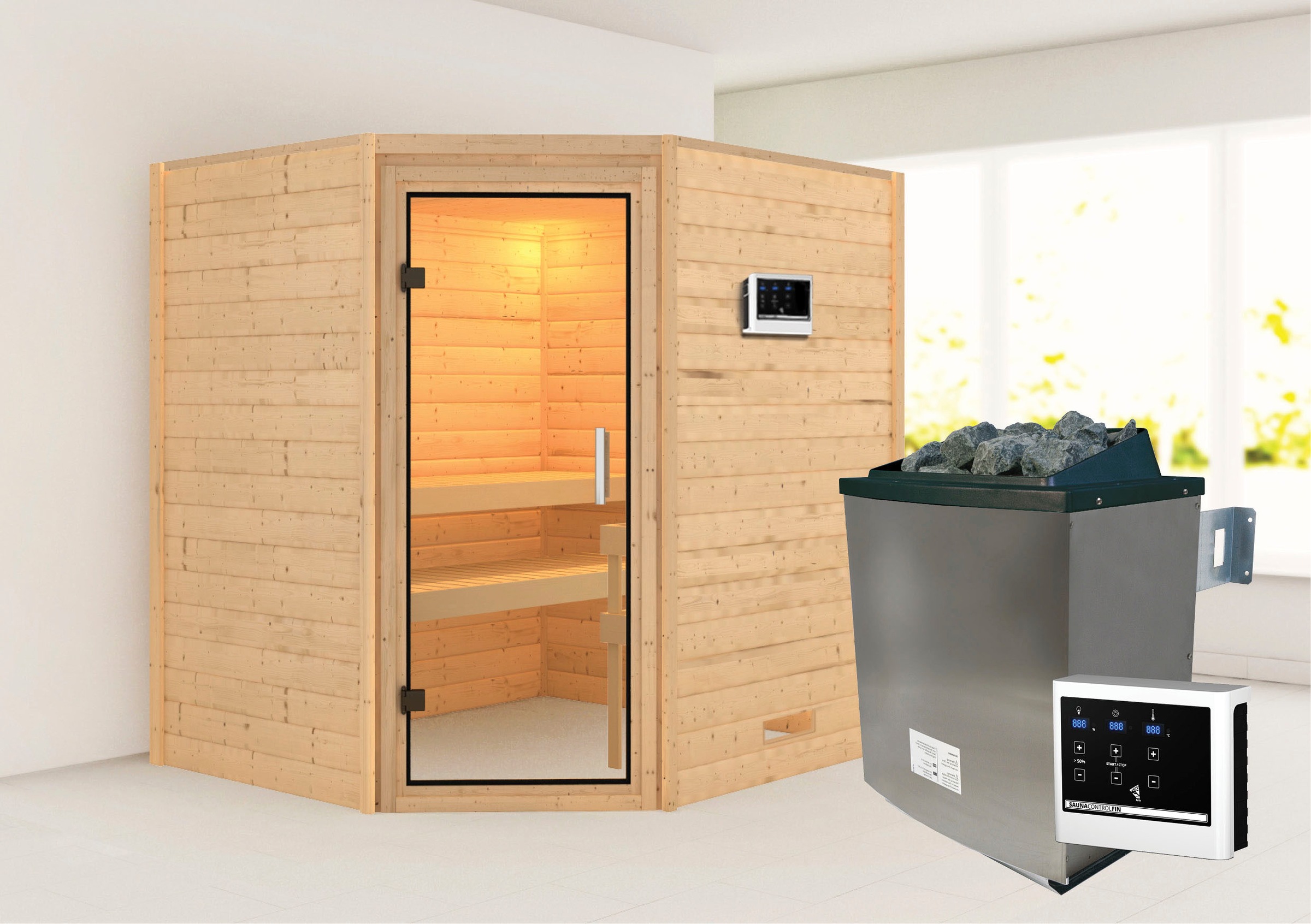 KARIBU Sauna "Mia (Fronteinstieg)", (ohne Ofen), beige, Saunen, Ofen 9 KW externe Strg easy