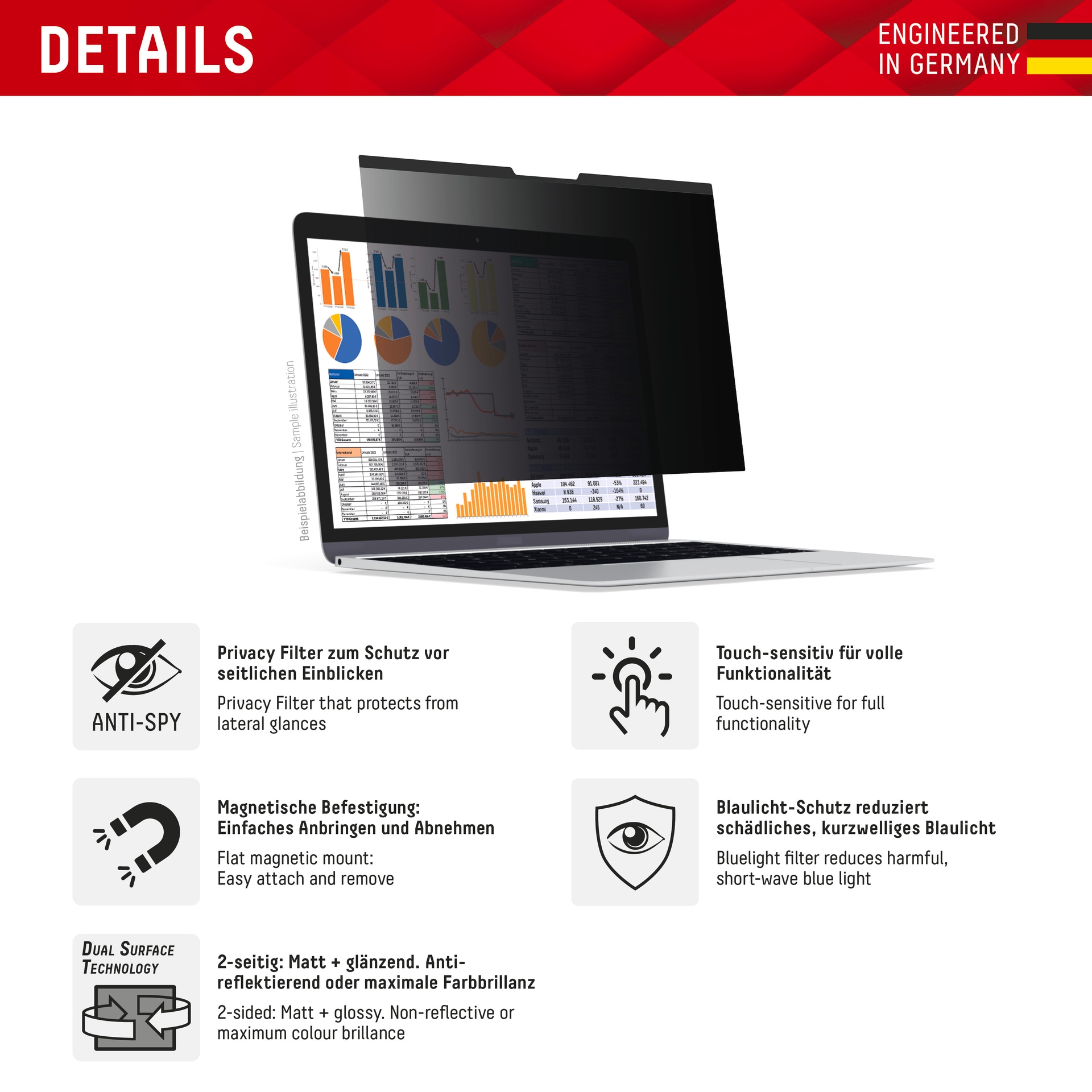Displex Displayschutzfolie »Privacy Safe Universal (magnetisch) 14 Zoll 16:10«, Displayschutz, Schutzfolie, Bildschirmschutz, kratz- & stoßfest