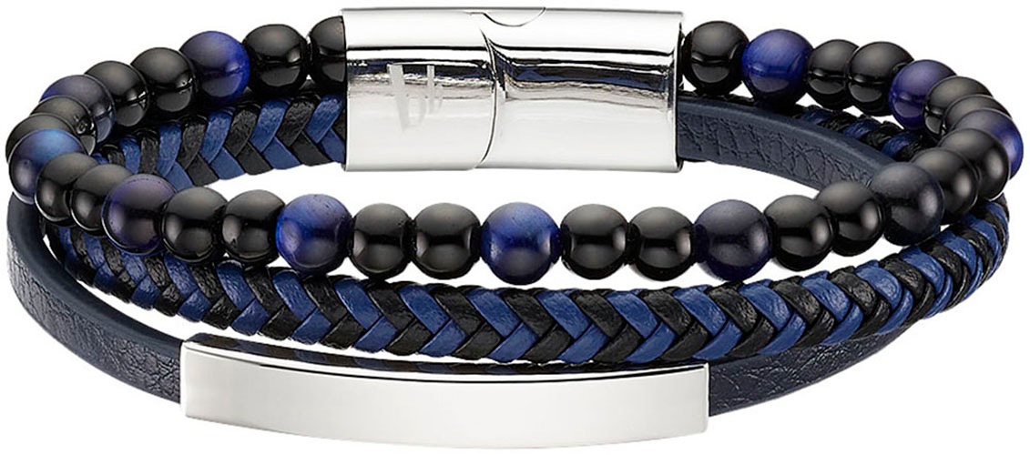 Lederarmband BRUNO BANANI "Schmuck", schwarz (edelstahlfarben, blau, schwarz, blau, schwarz), Armbänder, Damen, 21cm, Edelstahl Leder, Edelstahl, Leder, Lederarmband, mit Tigerauge (synth.)